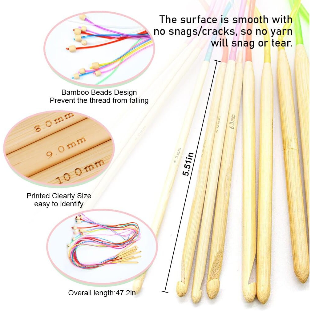 HASTHIP 23Pcs Tunisian Crochet Hook Set, 11Pcs Afghan Long Crochet Hooks 2-8 mm & 12Pcs 3-10mm Carbonized Bamboo Afghan Crochet Needles with Cable, Colorful Afghan Crochet Hooks for Beginners