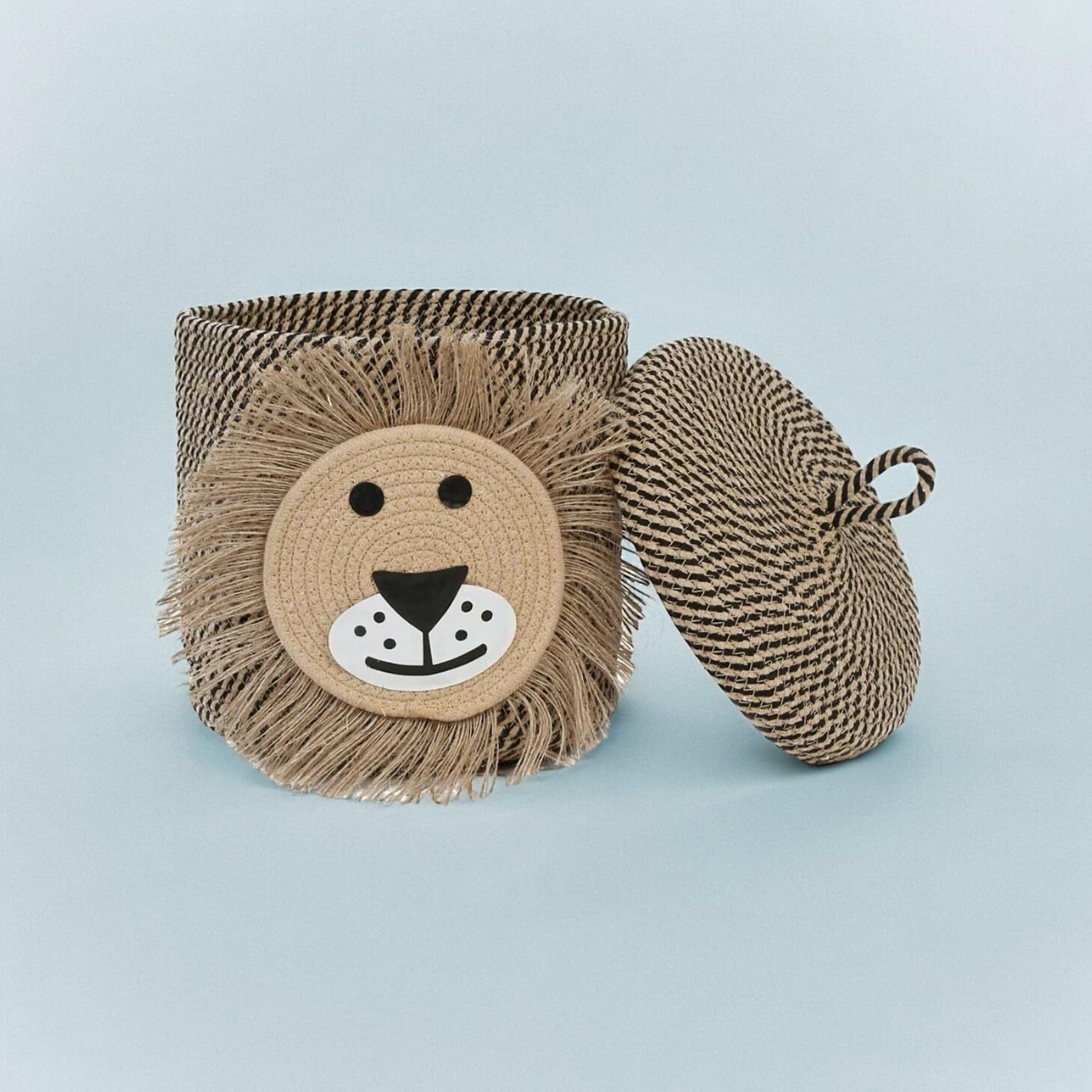 DOLCE CASA Kids Lid Basket With Beautiful Characters - Rope Storage Basket For Baby Diaper, Stuffed Animal Storage Bin Rope Basket For Kids Toy, Baby Laundry Baskets with Lid. (Lion 1)