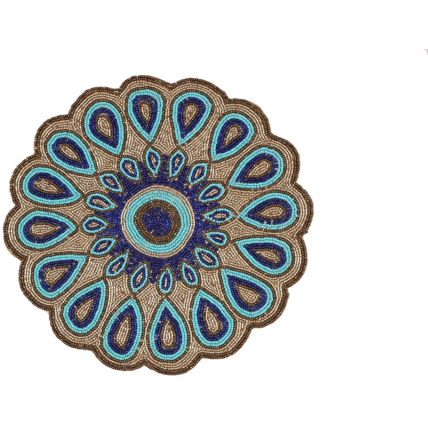FLIHAUT  Handcrafted Beautiful Beaded Round Decorative Placemat (Peacock Blue)