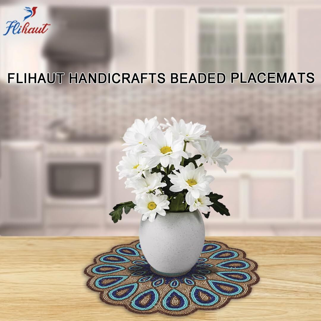 FLIHAUT  Handcrafted Beautiful Beaded Round Decorative Placemat (Peacock Blue)
