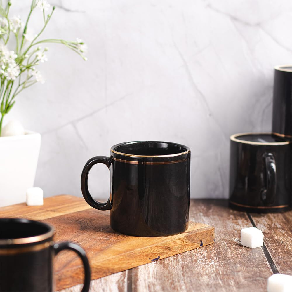 Femora 22k Liquid Gold Line Design Ceramic Coffee Mug, Tea cups, 180 ML, Pack of 6, Solid, Black