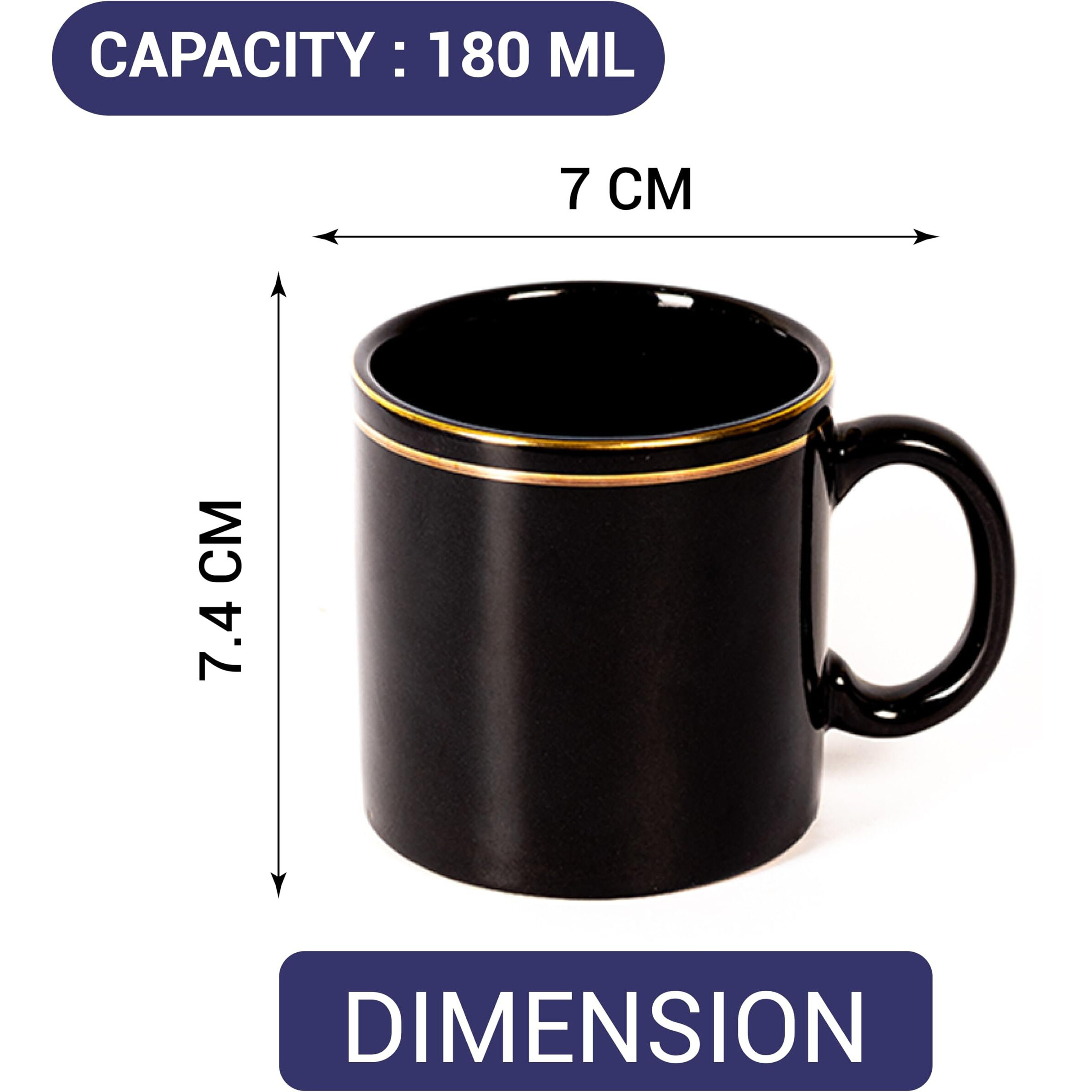 Femora 22k Liquid Gold Line Design Ceramic Coffee Mug, Tea cups, 180 ML, Pack of 6, Solid, Black
