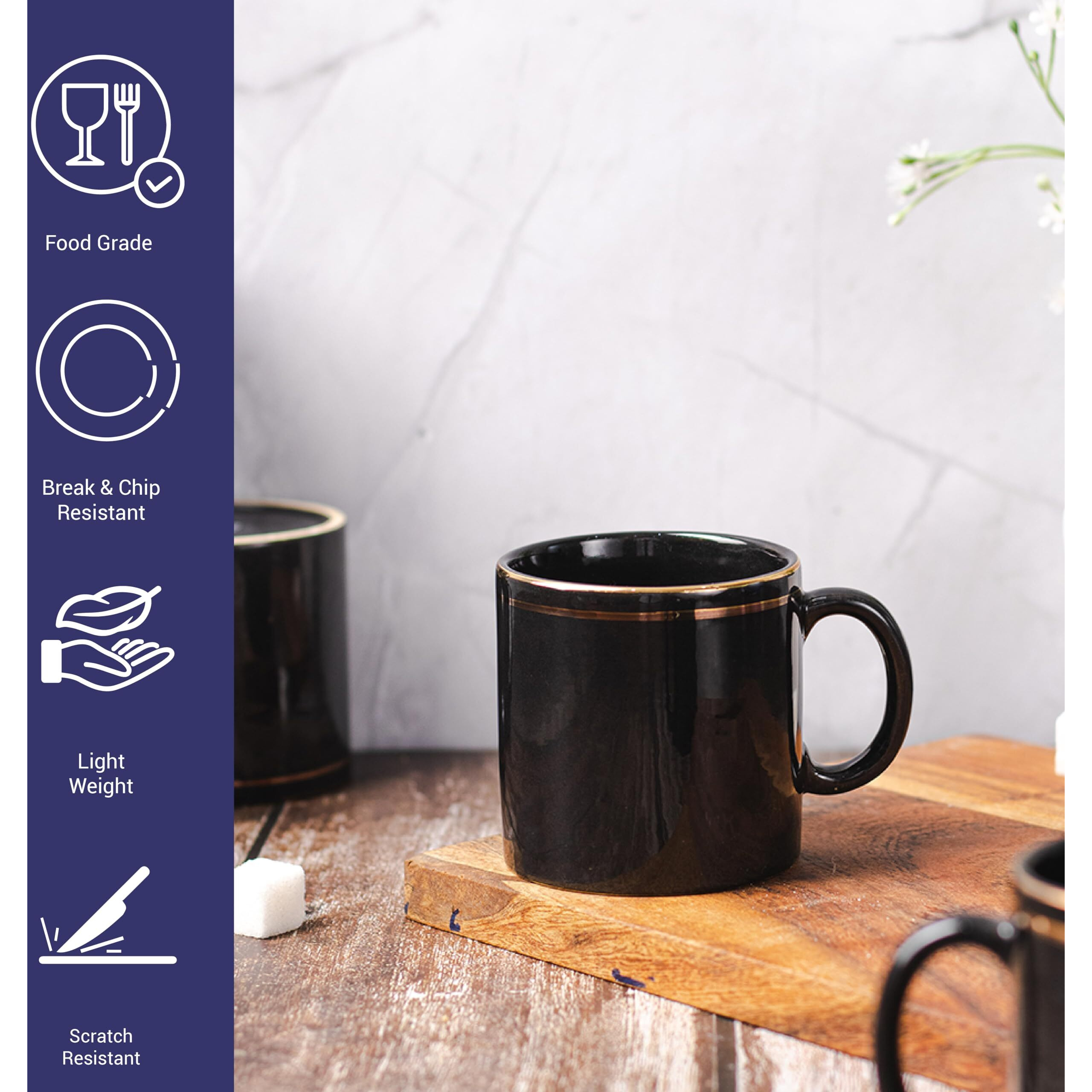 Femora 22k Liquid Gold Line Design Ceramic Coffee Mug, Tea cups, 180 ML, Pack of 6, Solid, Black