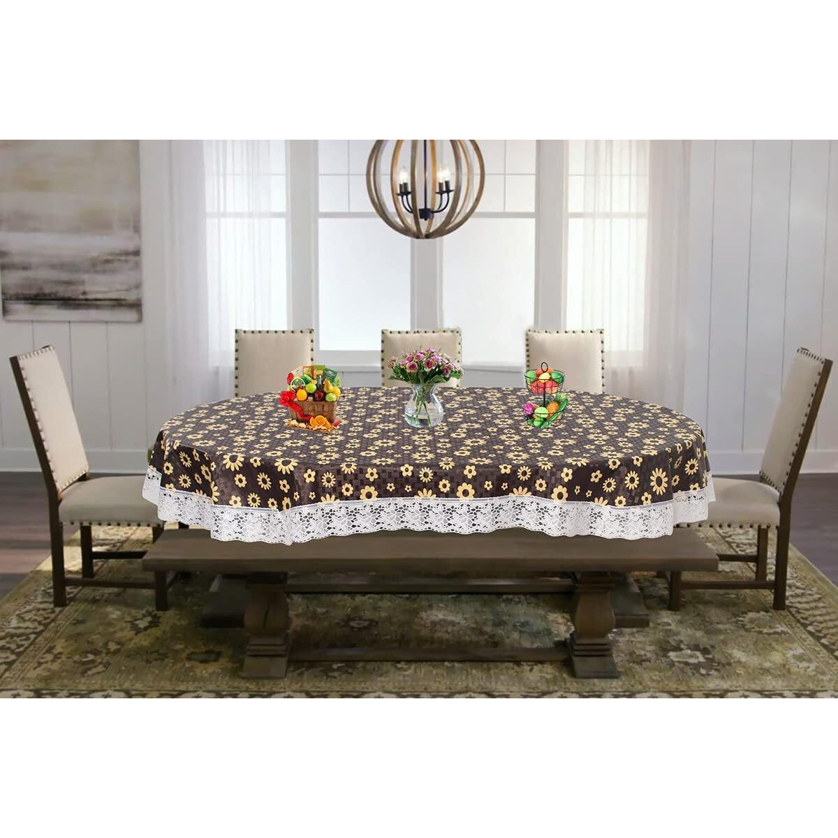 CRAFT CITY 4 Seater Oval Dining Table Cover with White Border lace (Multicolour, 54x78 inches,Plastic, Pack of 1) (Sun Flower)