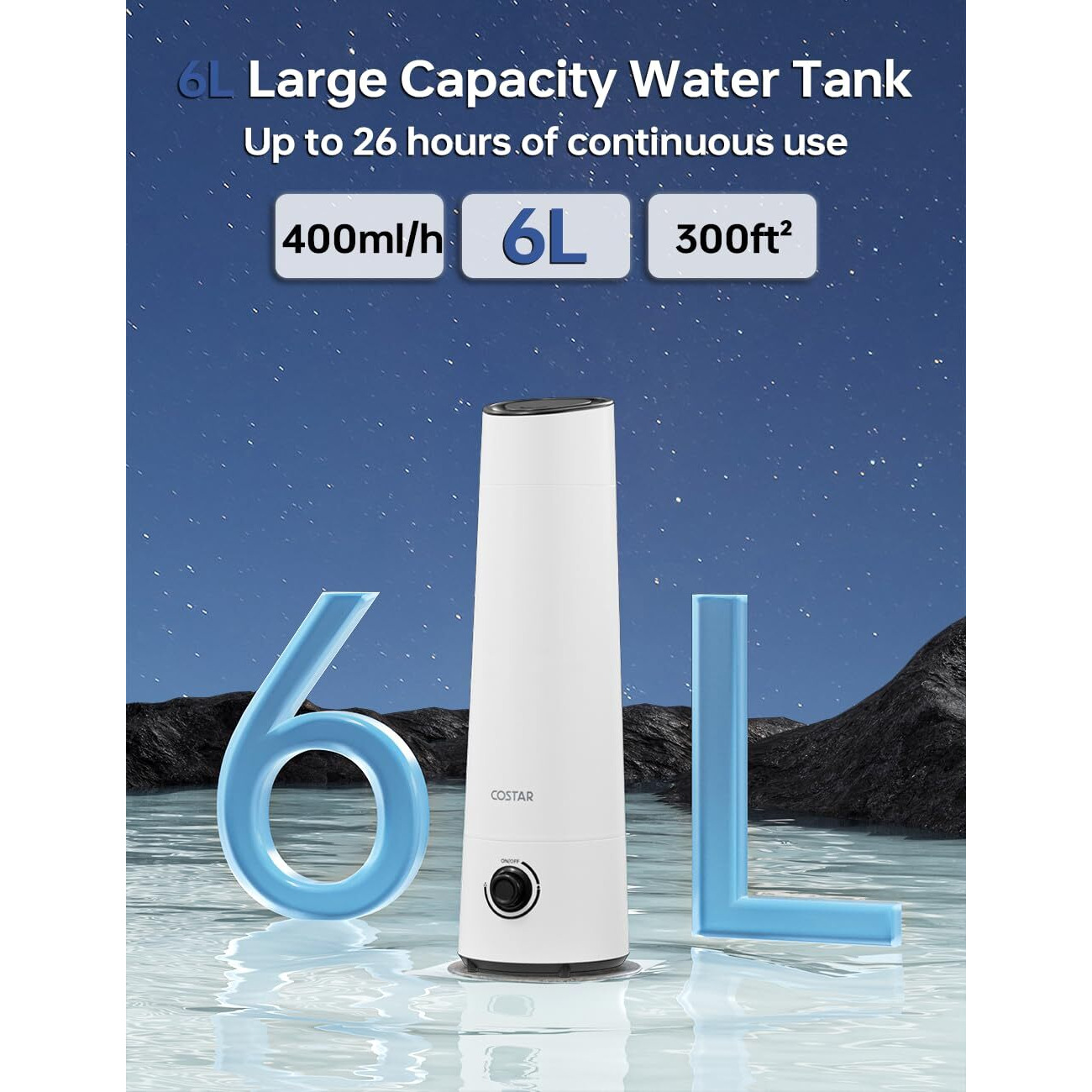 Costar Humidifier for Room 6 Litres Cool Mist Ultrasonic Humidifier Large Capacity Water Tank Humidity Whisper-Quiet Cool Mist Humidifier,Effective Cold & Cough Relief, Aroma Diffuser Container