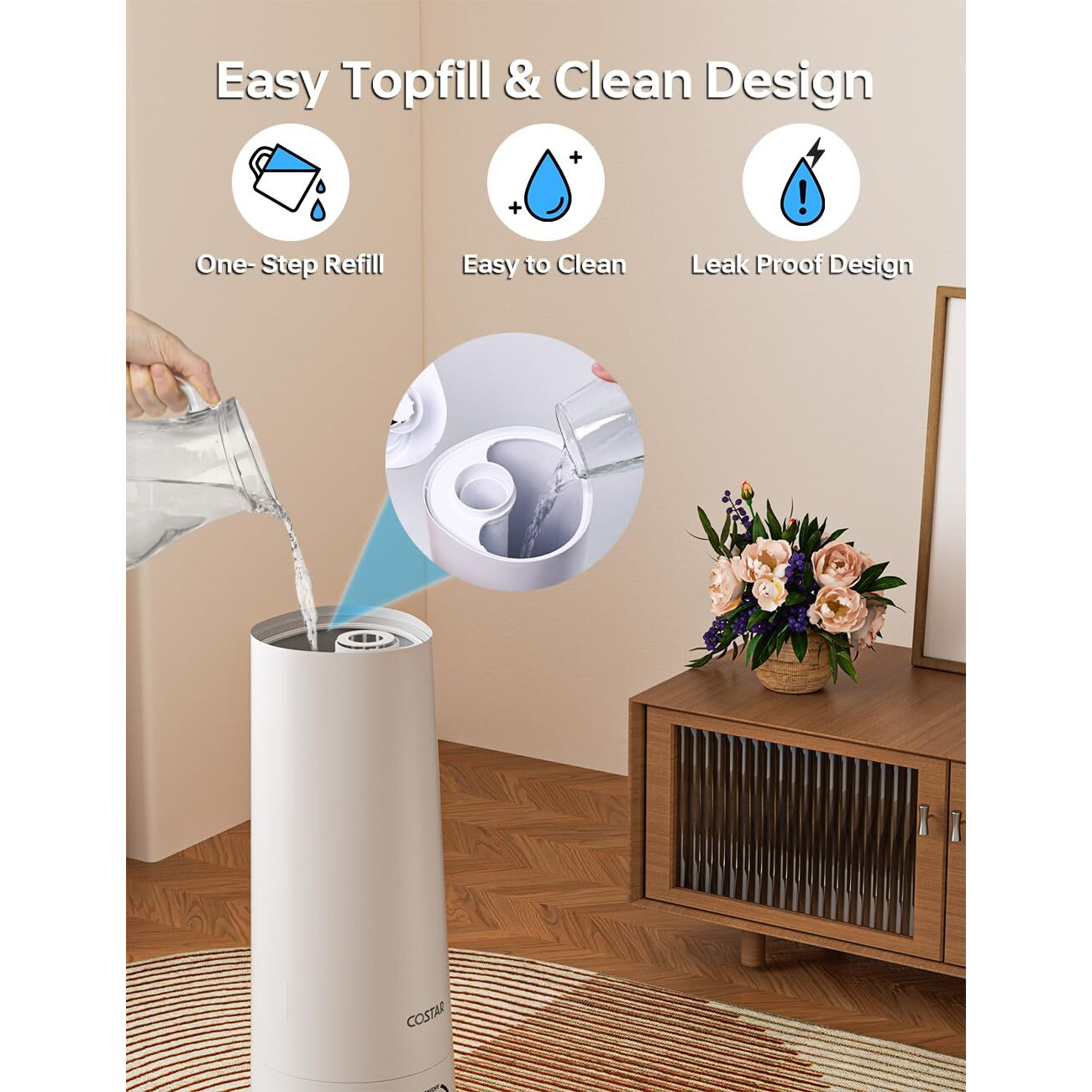 Costar Humidifier for Room 6 Litres Cool Mist Ultrasonic Humidifier Large Capacity Water Tank Humidity Whisper-Quiet Cool Mist Humidifier,Effective Cold & Cough Relief, Aroma Diffuser Container