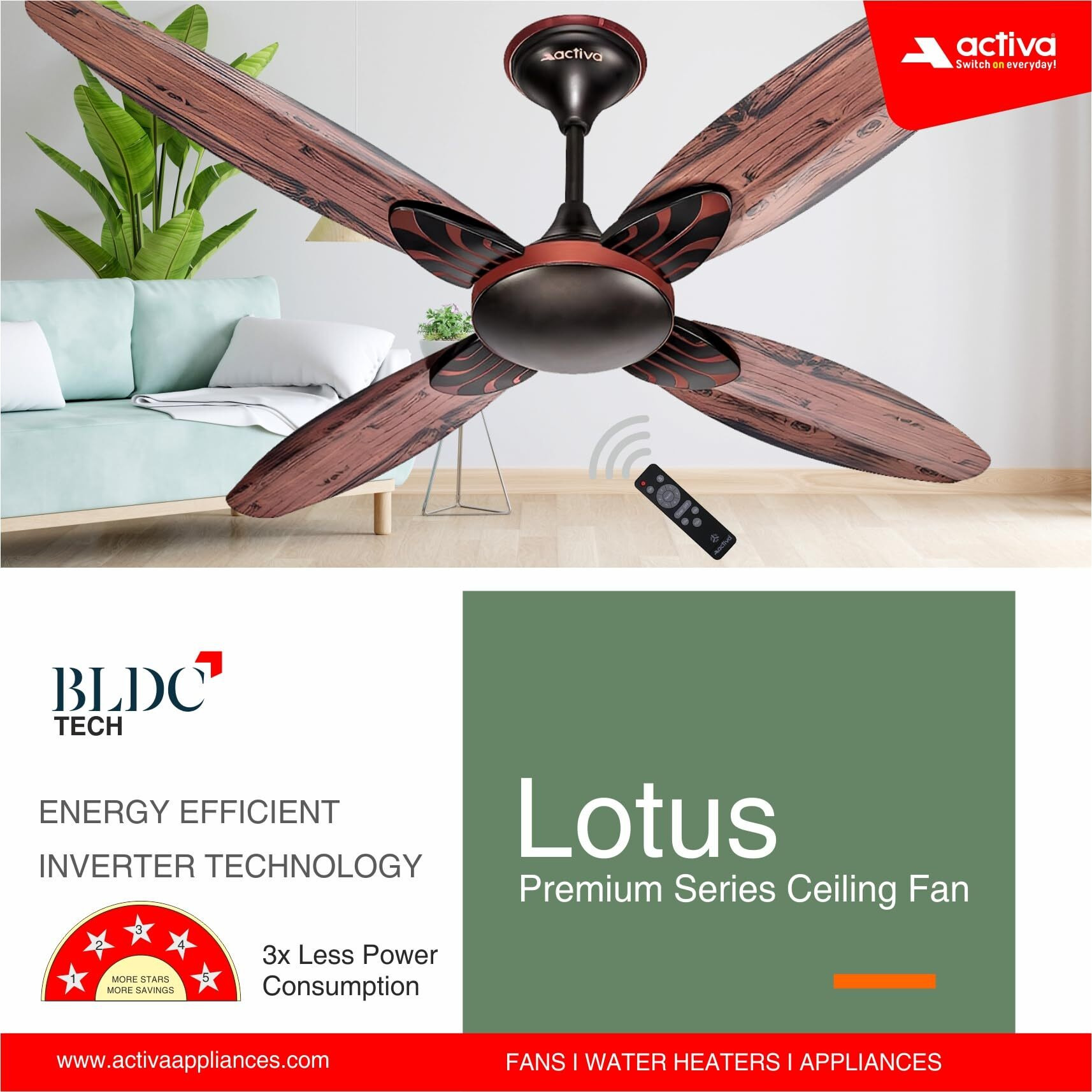 ACTIVA Premium Series Lotus 1200 MM Noiseless 380 RPM High Speed BLDC Motor (28 Watts) with Remote control Wood Ceiling Fan With Wooden Finish come with 5 Years Warrant (SmokeWood)
