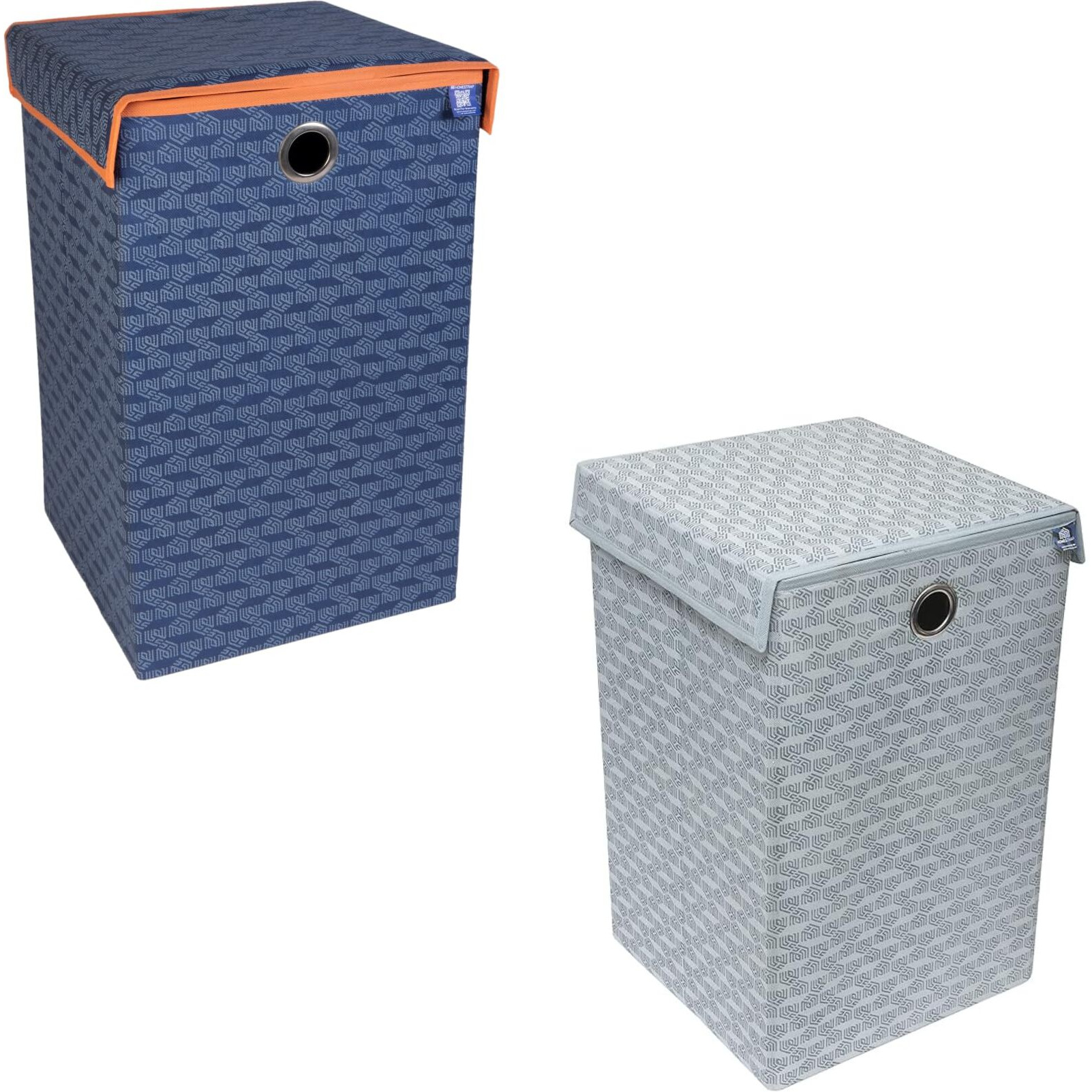 Homestrap Printed Foldable Laundry Bag/Bin Cum Basket with Lid and Handle Capacity- (75LTR) (Navy Blue & Grey) Pack of 2(Featured on Shark Tank)