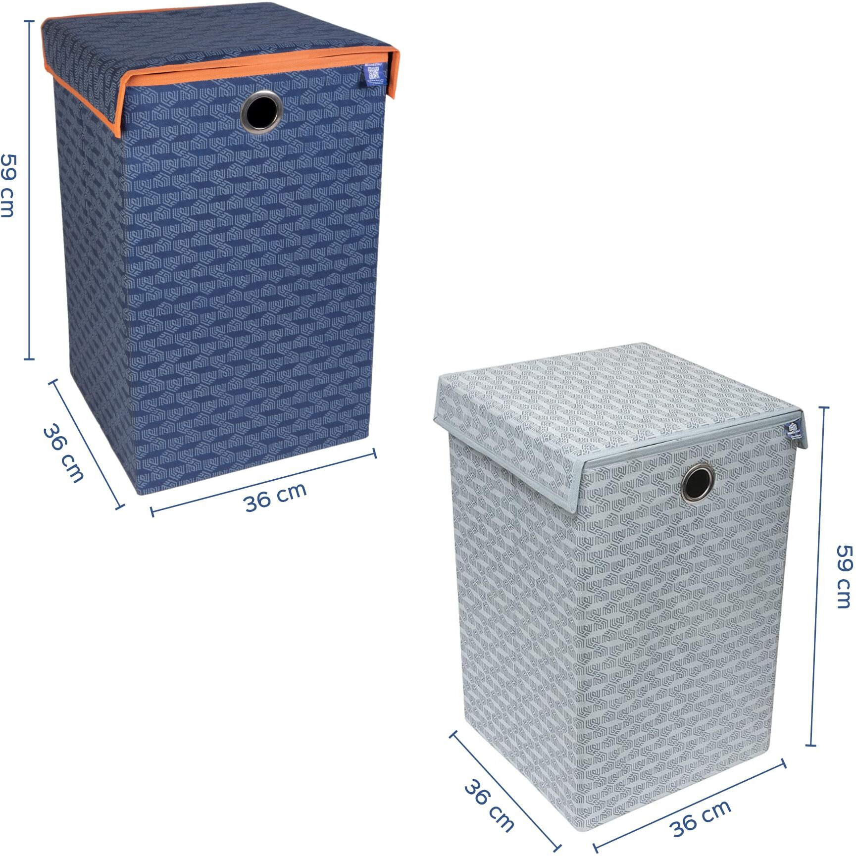 Homestrap Printed Foldable Laundry Bag/Bin Cum Basket with Lid and Handle Capacity- (75LTR) (Navy Blue & Grey) Pack of 2(Featured on Shark Tank)