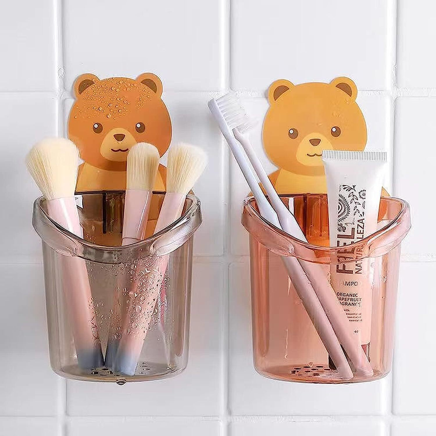 QONETIC Adhesive Toothbrush Holder (Set of 2 Pcs) Plastic Stand for Toothpaste, Comb, Brush, Cream, Lotion Kids Bathroom Cup Drain Waterproof Self-Adhesive, Teddy Bear (2)