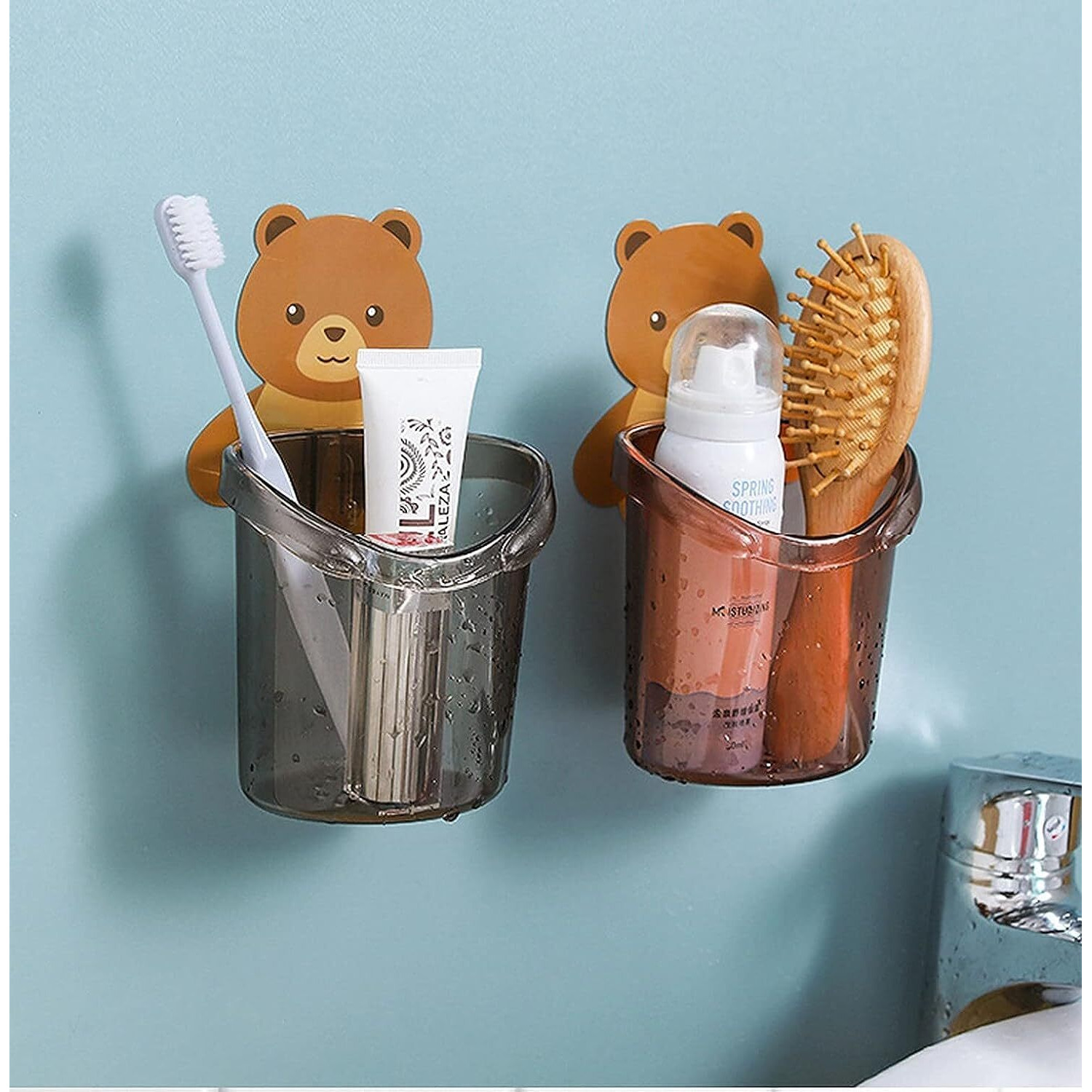 QONETIC Adhesive Toothbrush Holder (Set of 2 Pcs) Plastic Stand for Toothpaste, Comb, Brush, Cream, Lotion Kids Bathroom Cup Drain Waterproof Self-Adhesive, Teddy Bear (2)