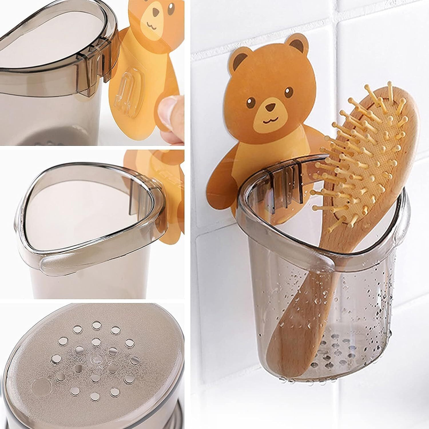 QONETIC Adhesive Toothbrush Holder (Set of 2 Pcs) Plastic Stand for Toothpaste, Comb, Brush, Cream, Lotion Kids Bathroom Cup Drain Waterproof Self-Adhesive, Teddy Bear (2)