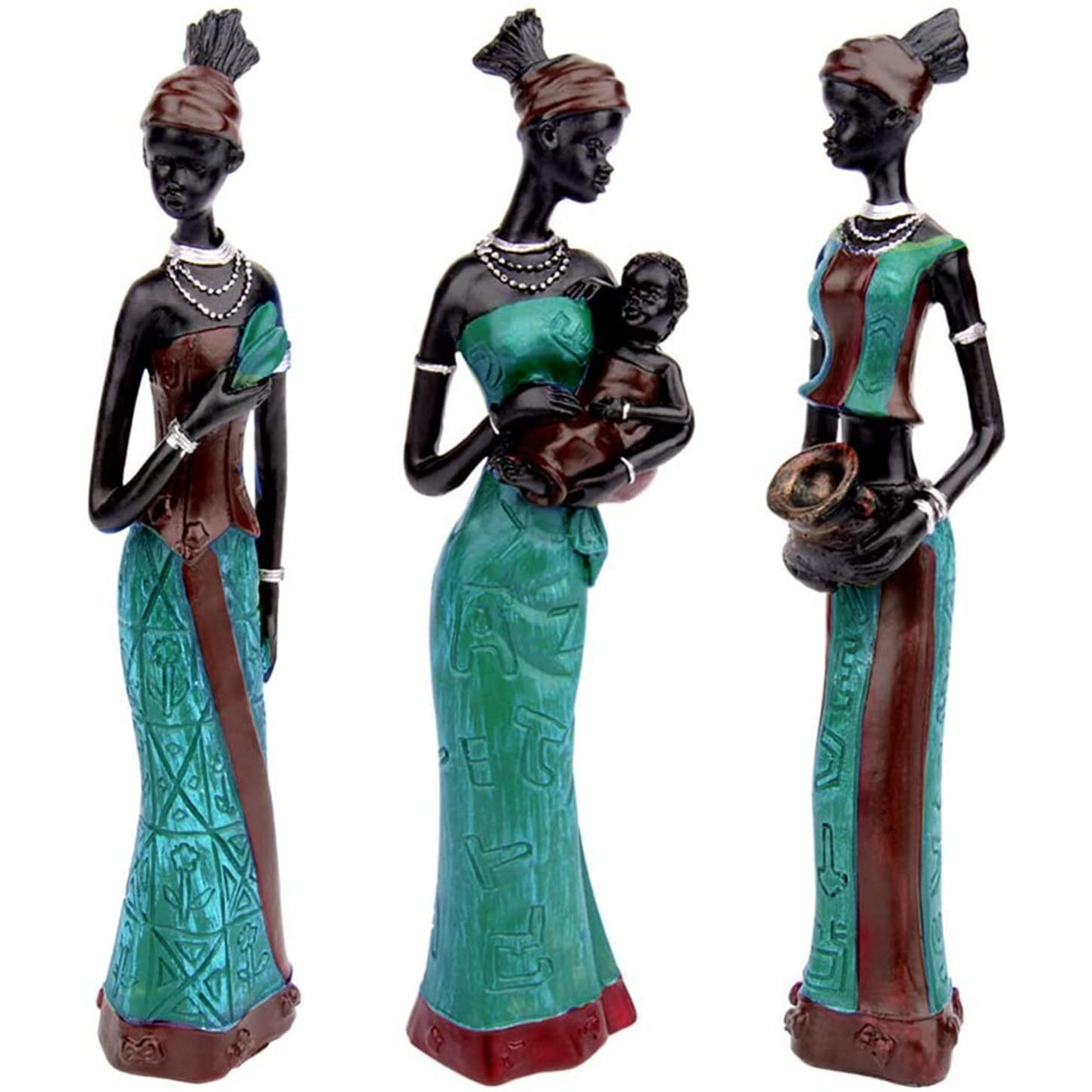 Xtore Beautiful Finish Uniquely Hand Crafted Home Decor African Tribal Women Art Piece - (Set of 3, Green and Black Color), Resin