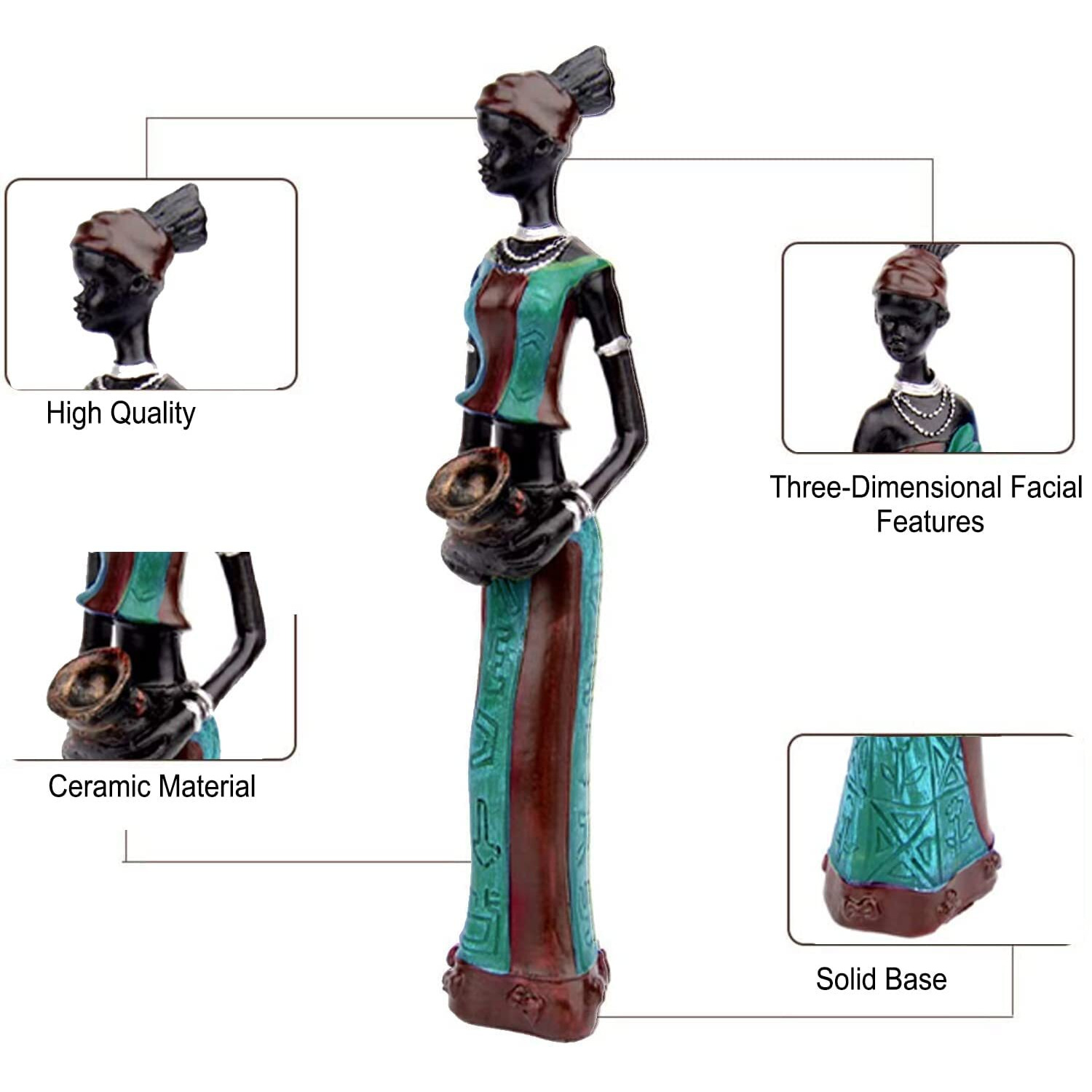 Xtore Beautiful Finish Uniquely Hand Crafted Home Decor African Tribal Women Art Piece - (Set of 3, Green and Black Color), Resin
