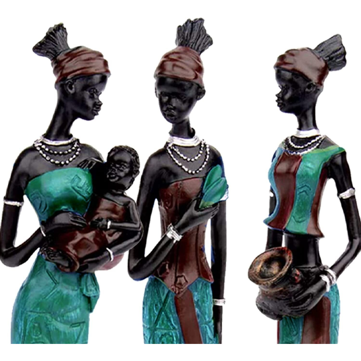 Xtore Beautiful Finish Uniquely Hand Crafted Home Decor African Tribal Women Art Piece - (Set of 3, Green and Black Color), Resin