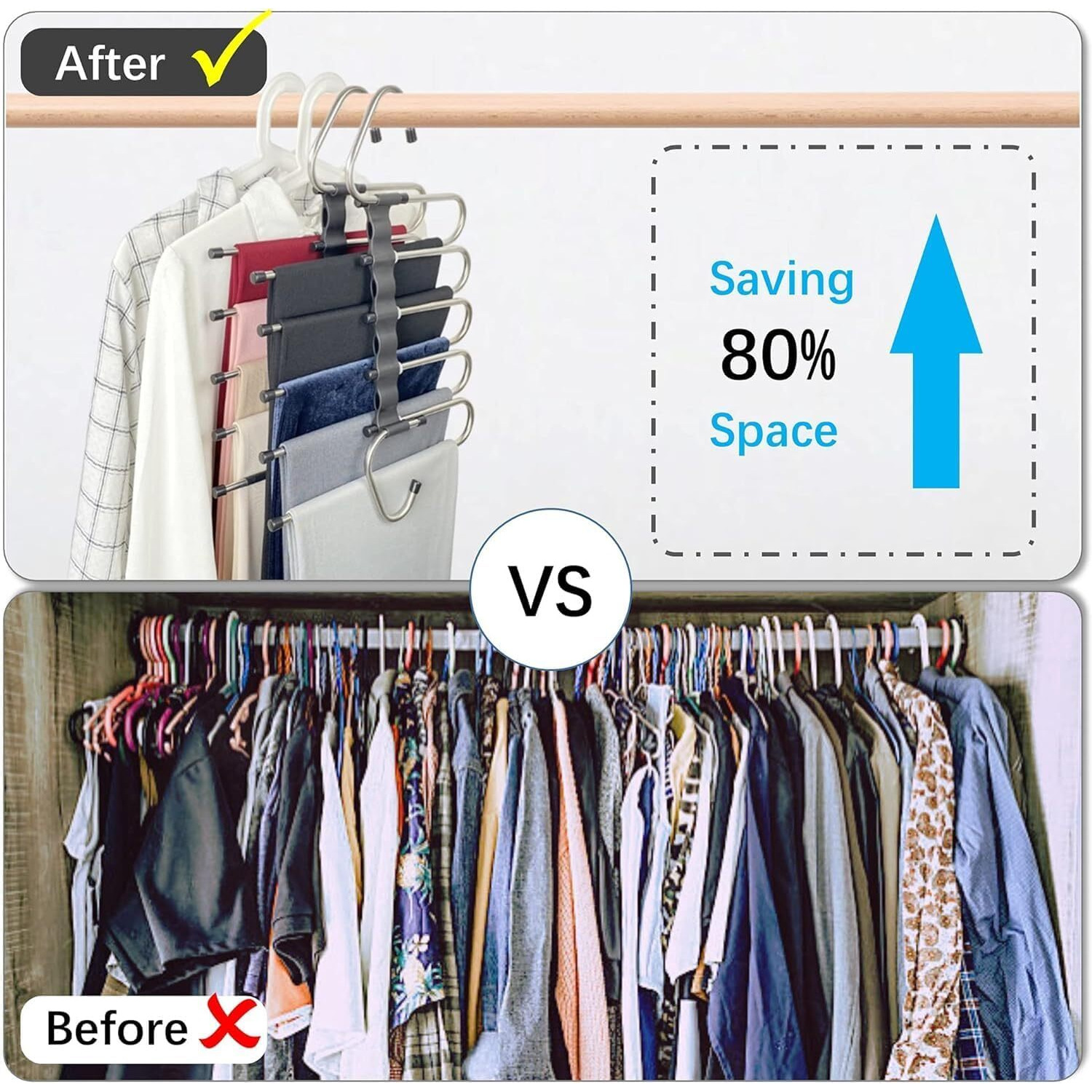 TEX-RO (Pack of 2) 5 in 1 Stainless Steel Foldable Hangers for Clothes Hanging Multi Layer Multi-Purpose Pant Hangers for Wardrobe Magic Foldable Hanger Clothes Hanger