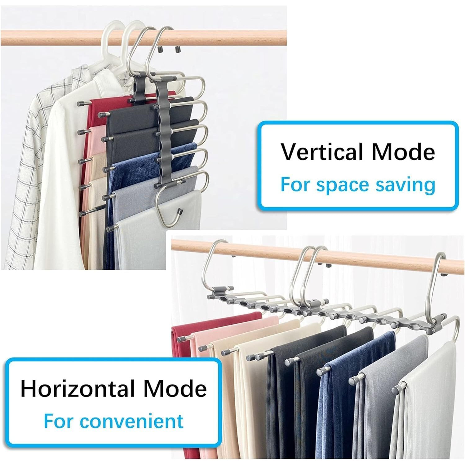 TEX-RO (Pack of 2) 5 in 1 Stainless Steel Foldable Hangers for Clothes Hanging Multi Layer Multi-Purpose Pant Hangers for Wardrobe Magic Foldable Hanger Clothes Hanger
