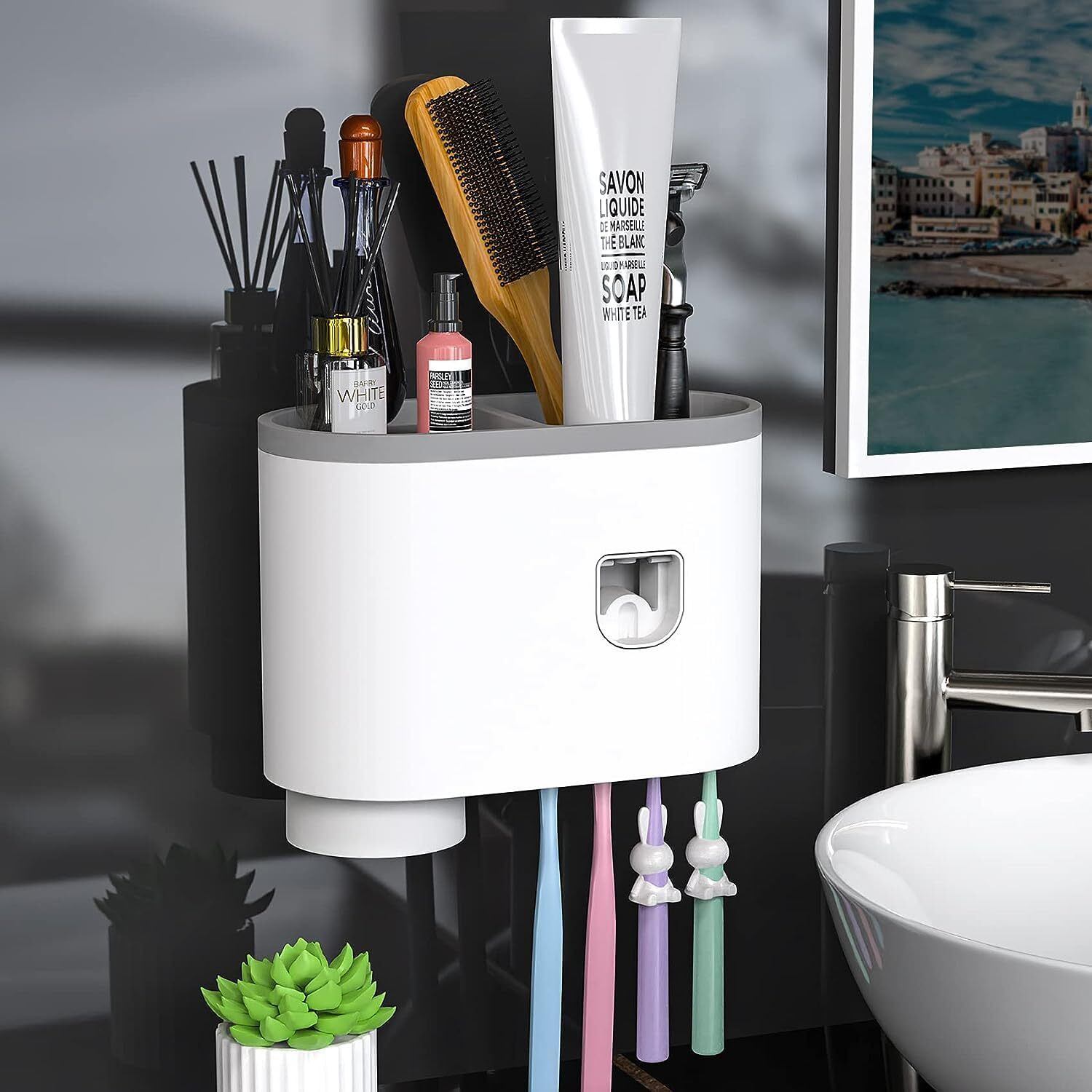 Srxes Toothbrush Holders for Bathroom, Toothbrush Holder Wall Mounted, Toothpaste Dispenser, Brush Holder for Bathroom Wall (1 Cup, White)
