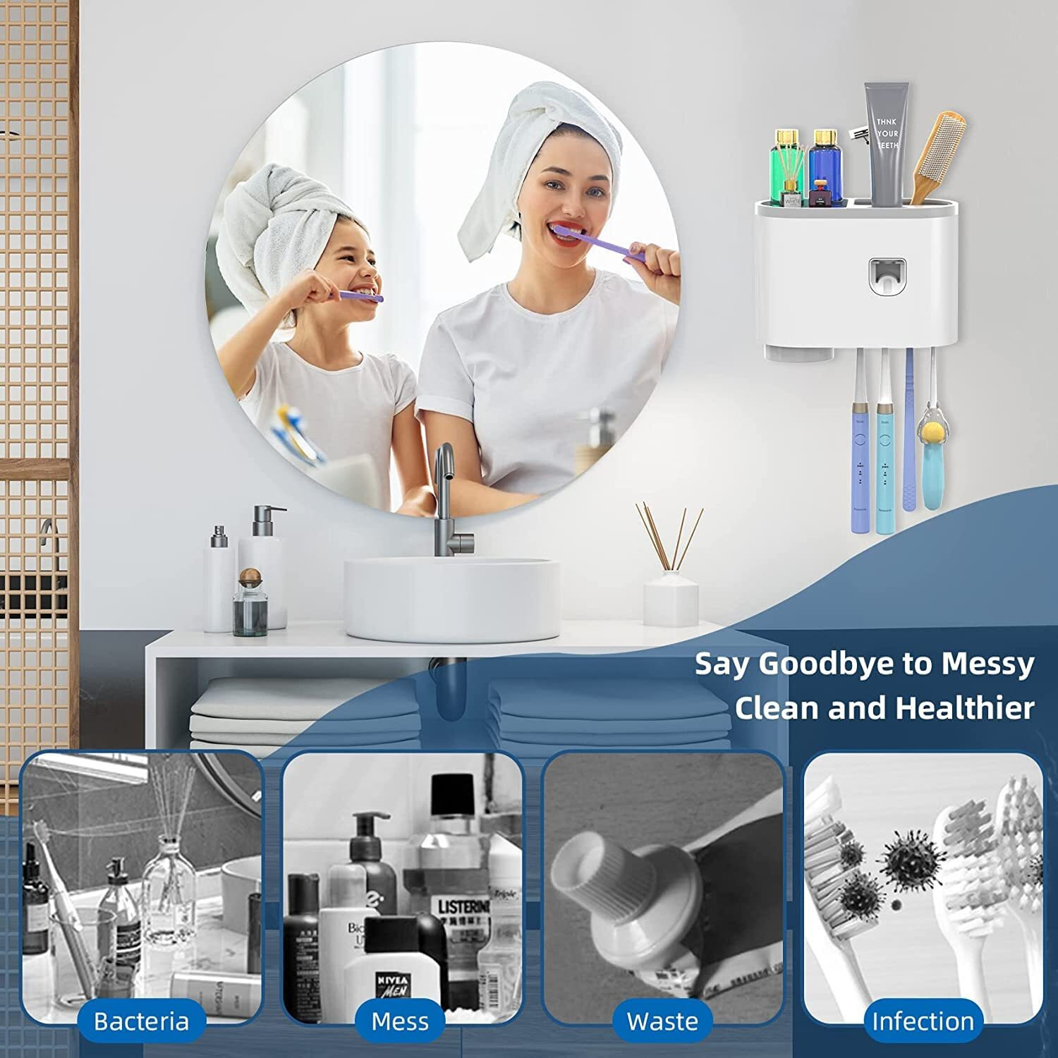 Srxes Toothbrush Holders for Bathroom, Toothbrush Holder Wall Mounted, Toothpaste Dispenser, Brush Holder for Bathroom Wall (1 Cup, White)