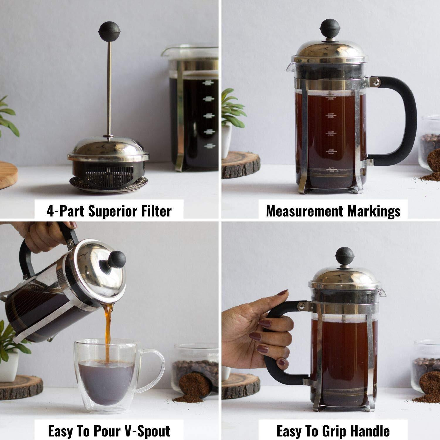 InstaCuppa French Press Coffee Maker with 4 Part Superior Filtration 350 ML, Stainless Steel