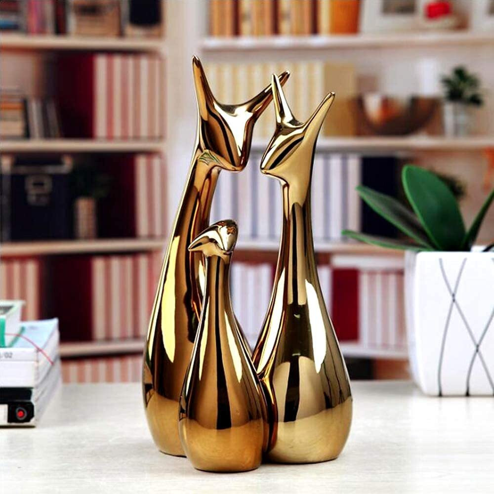 LIFEHAXTORE Home Decor Lucky Deer Statue Family Piano Finish Ceramic Figures - (Set of 3, Golden Set)