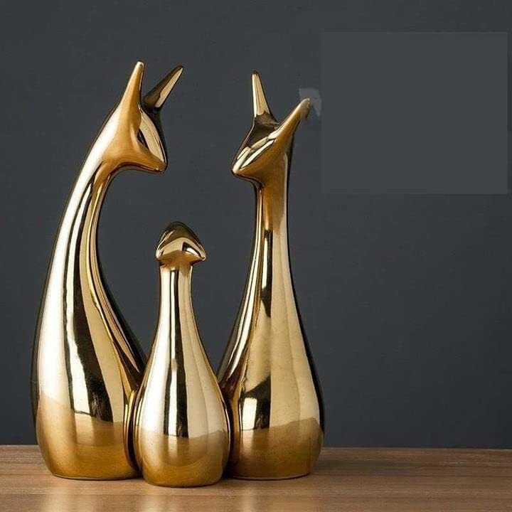 LIFEHAXTORE Home Decor Lucky Deer Statue Family Piano Finish Ceramic Figures - (Set of 3, Golden Set)