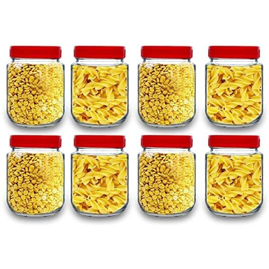 Vency Piramal Glass Round Shape Clear Jars and Containers for Kitchen Pantry, Snacks, Masala, Pickles, Dry Fruits, and Coffee Beans Storage with Red Color Plastic Lid (Aahar Jar) (500ml, Set Of 8)