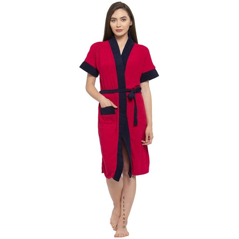 ELEVANTO (RANI-NAVY) PREMIUM DRY TECH TERRY MATERIAL HALF SLEEVE WITH FRONT POCKET BATHROBE FOR WOMENS