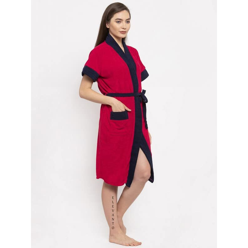 ELEVANTO (RANI-NAVY) PREMIUM DRY TECH TERRY MATERIAL HALF SLEEVE WITH FRONT POCKET BATHROBE FOR WOMENS
