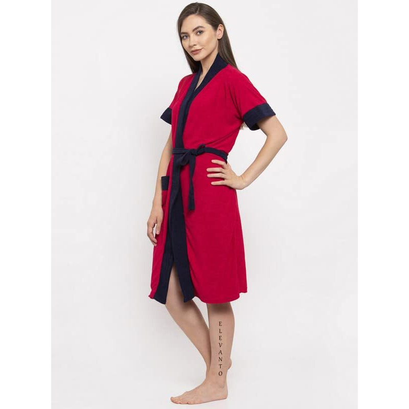 ELEVANTO (RANI-NAVY) PREMIUM DRY TECH TERRY MATERIAL HALF SLEEVE WITH FRONT POCKET BATHROBE FOR WOMENS
