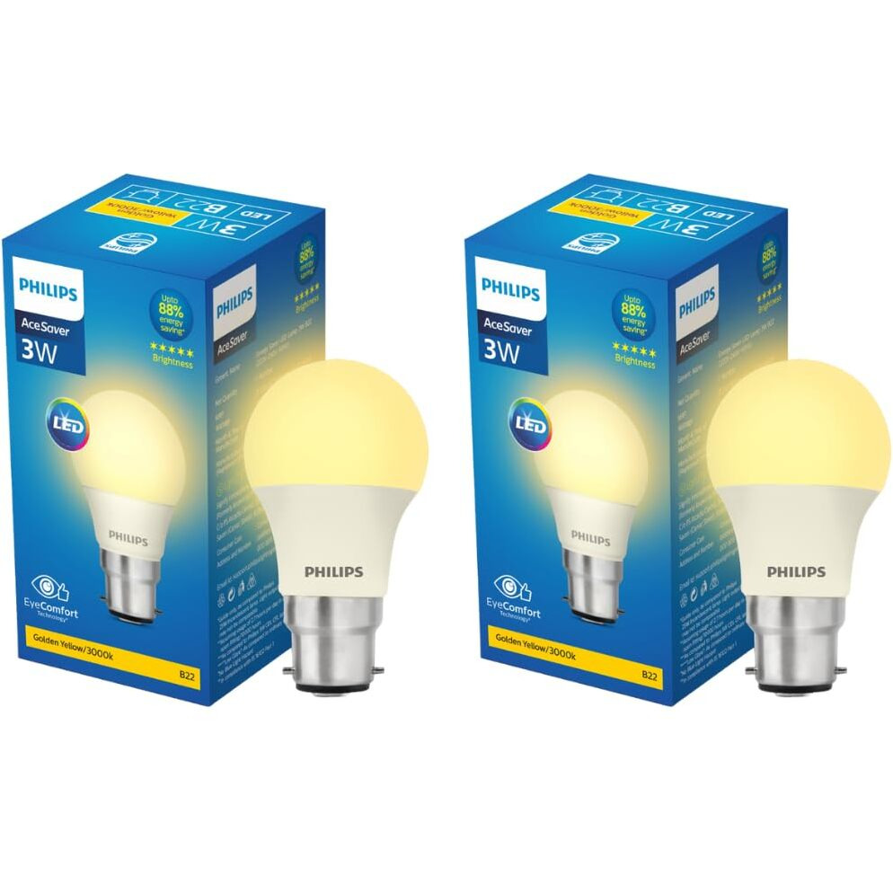 PHILIPS 3-watt LED Bulb | AceSaver LED Bulb | Base B22 Light Bulb for Home | Warm White, Pack of 2