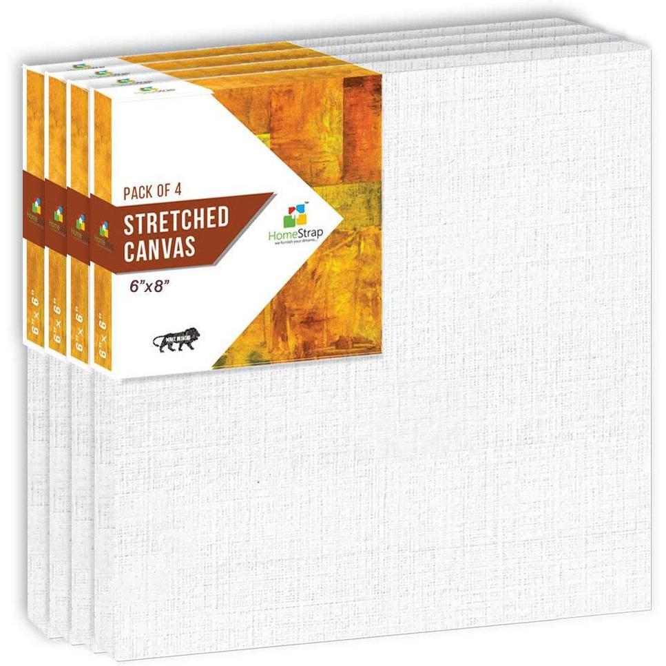 Homestrap Primed Cotton Pre Stretched Canvas with Wooden Frame (White, 6 x 8 Inch (Pack of 4))