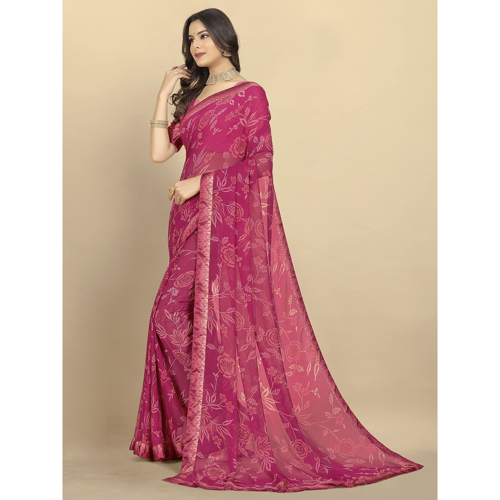 rangita Women Floral Printed Georgette Saree With Blouse Piece - Wine (SIZE 5.5 MTR)