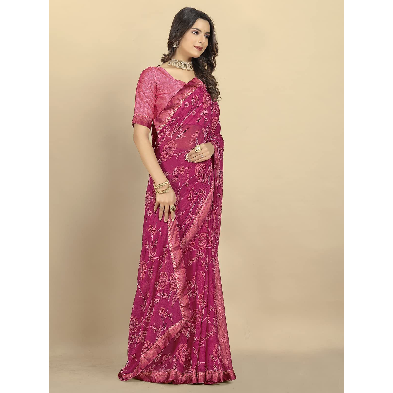 rangita Women Floral Printed Georgette Saree With Blouse Piece - Wine (SIZE 5.5 MTR)