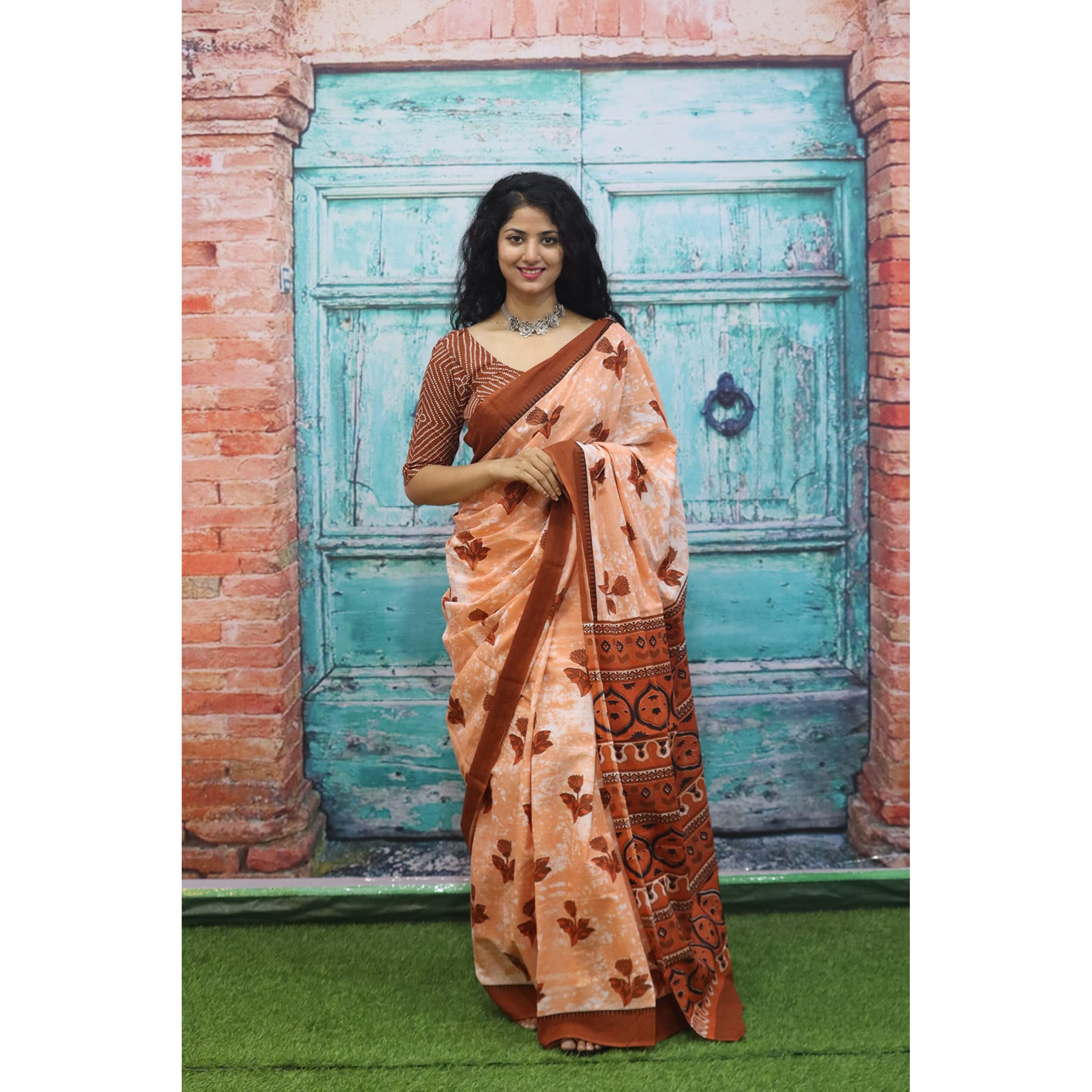 JALTHER Handicrafts Womens Ikat Hand Block Print Jaipuri Cotton Mulmul Saree with Blouse Piece - _SH_139