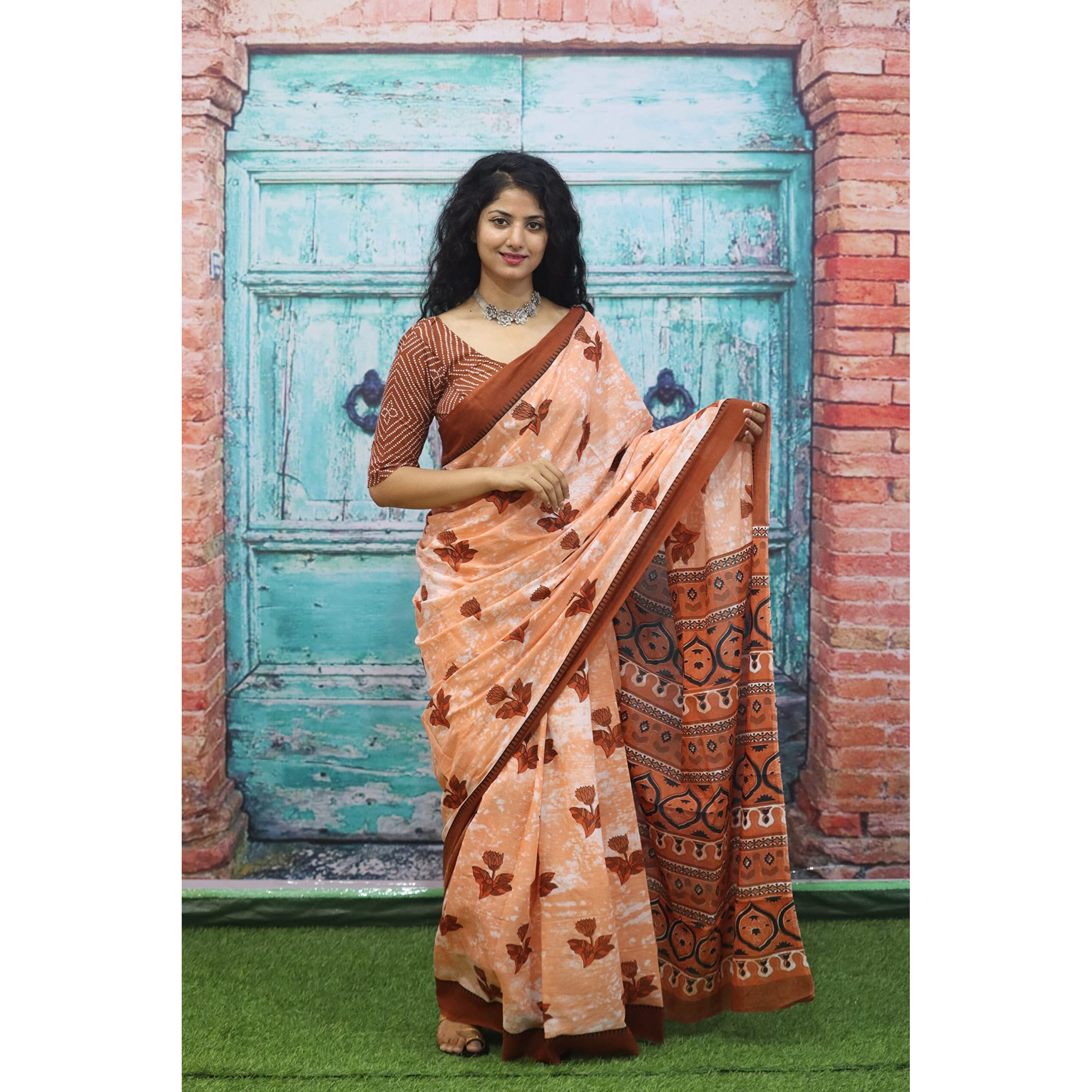 JALTHER Handicrafts Womens Ikat Hand Block Print Jaipuri Cotton Mulmul Saree with Blouse Piece - _SH_139