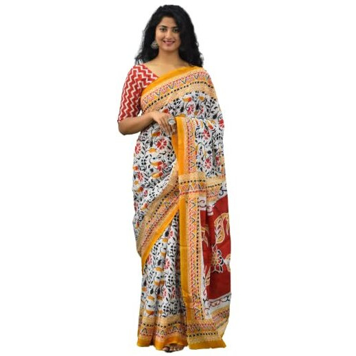 JALTHER Handicrafts Womens Ikat Hand Block Print Jaipuri Cotton Mulmul Saree With Blouse Piece - _Sh_114, White