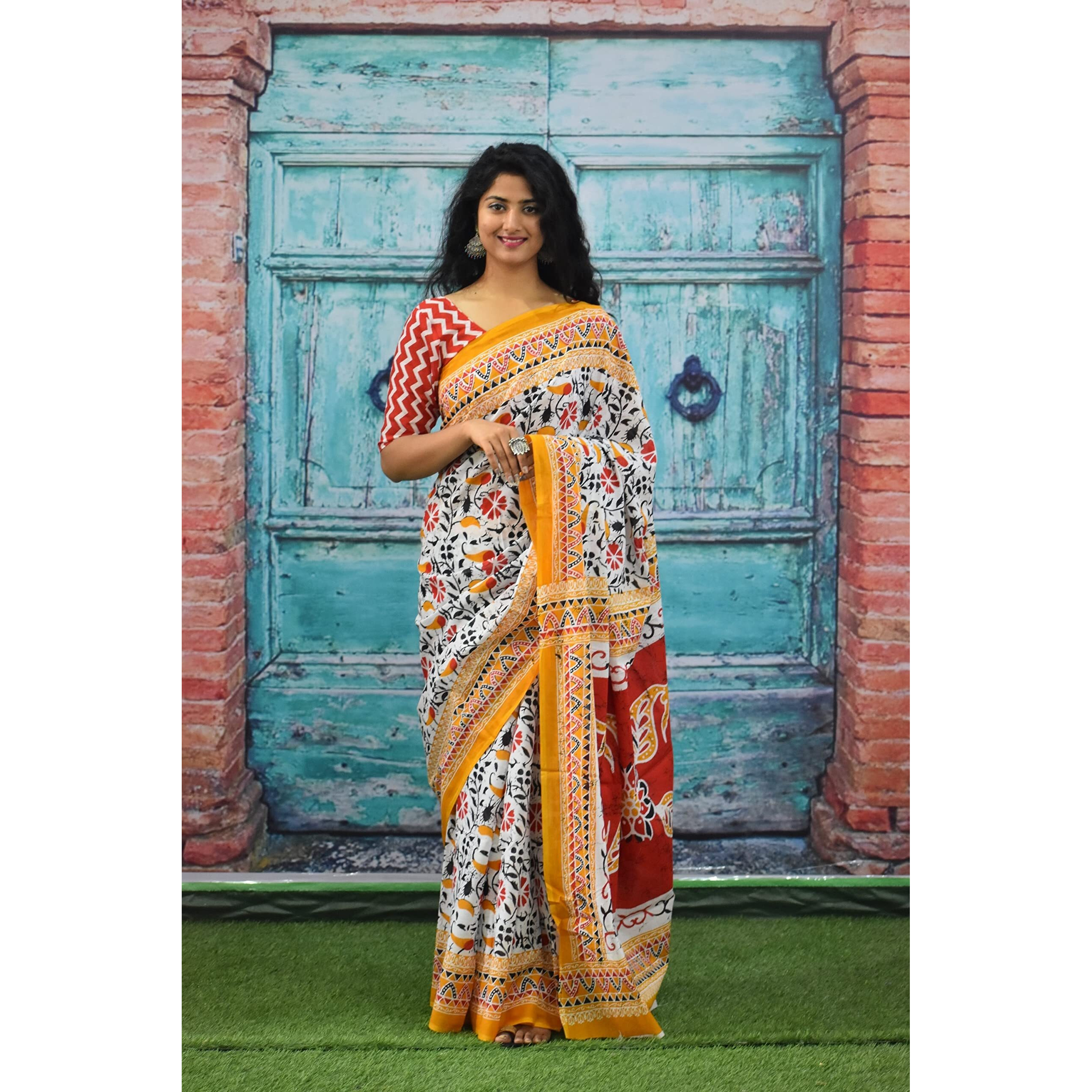 JALTHER Handicrafts Womens Ikat Hand Block Print Jaipuri Cotton Mulmul Saree With Blouse Piece - _Sh_114, White