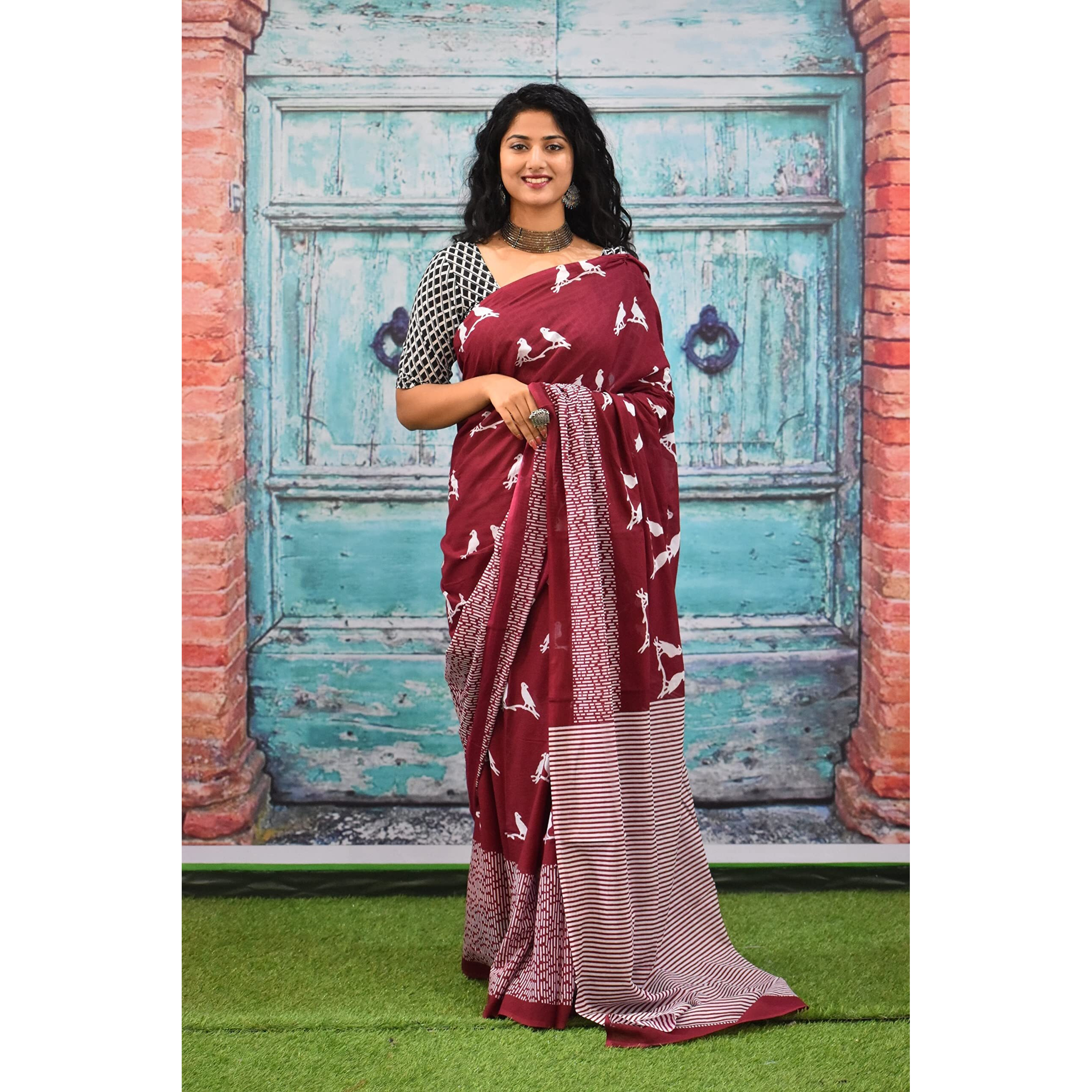 JALTHER Handicrafts Womens Ikat Hand Block Print Jaipuri Cotton Mulmul Saree with Blouse Piece - _SH_132