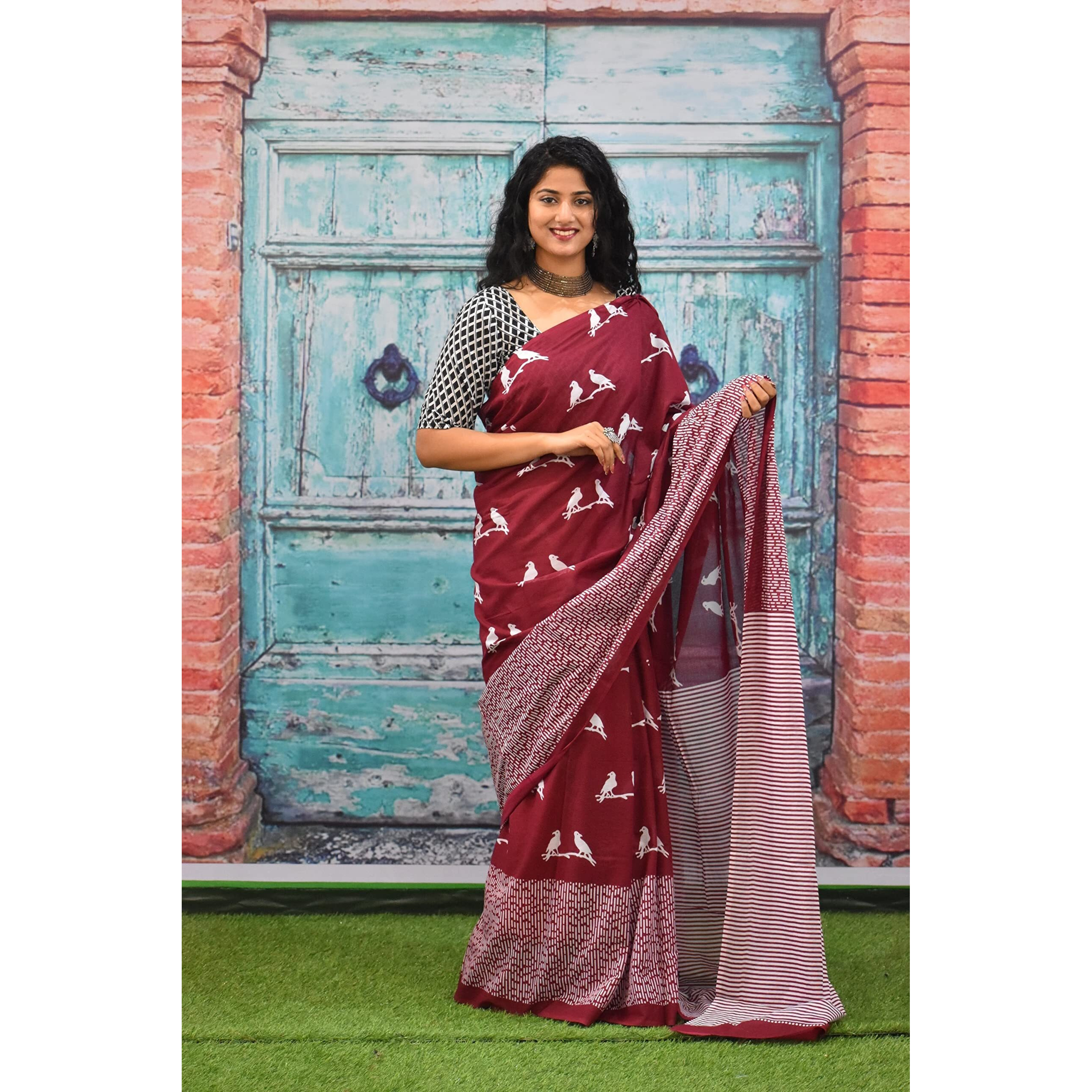JALTHER Handicrafts Womens Ikat Hand Block Print Jaipuri Cotton Mulmul Saree with Blouse Piece - _SH_132