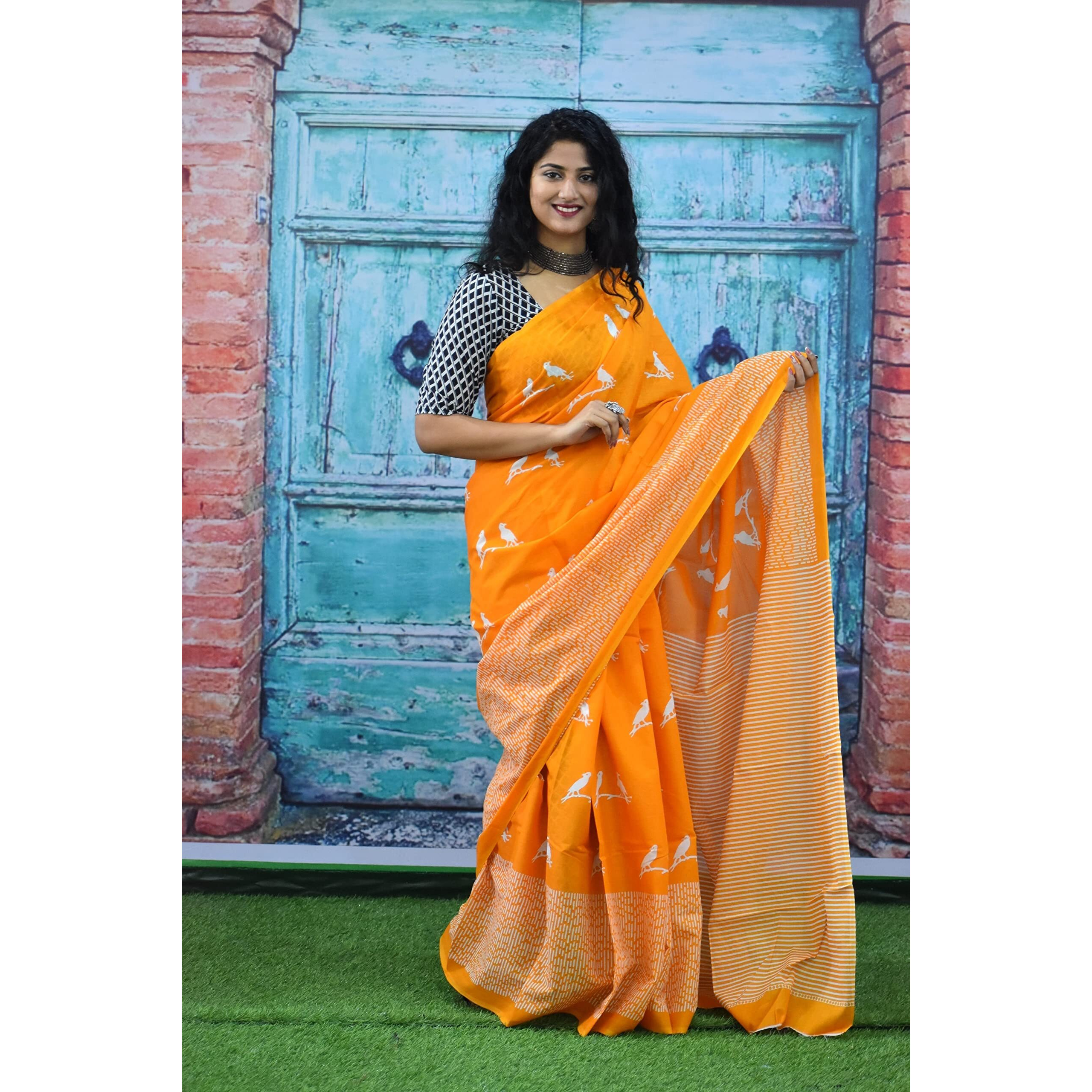 JALTHER Handicrafts Womens Ikat Hand Block Print Jaipuri Cotton Mulmul Saree with Blouse Piece - _SH_135