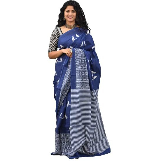 JALTHER Handicrafts Womens Ikat Hand Block Print Jaipuri Cotton Mulmul Saree with Blouse Piece - _SH_133