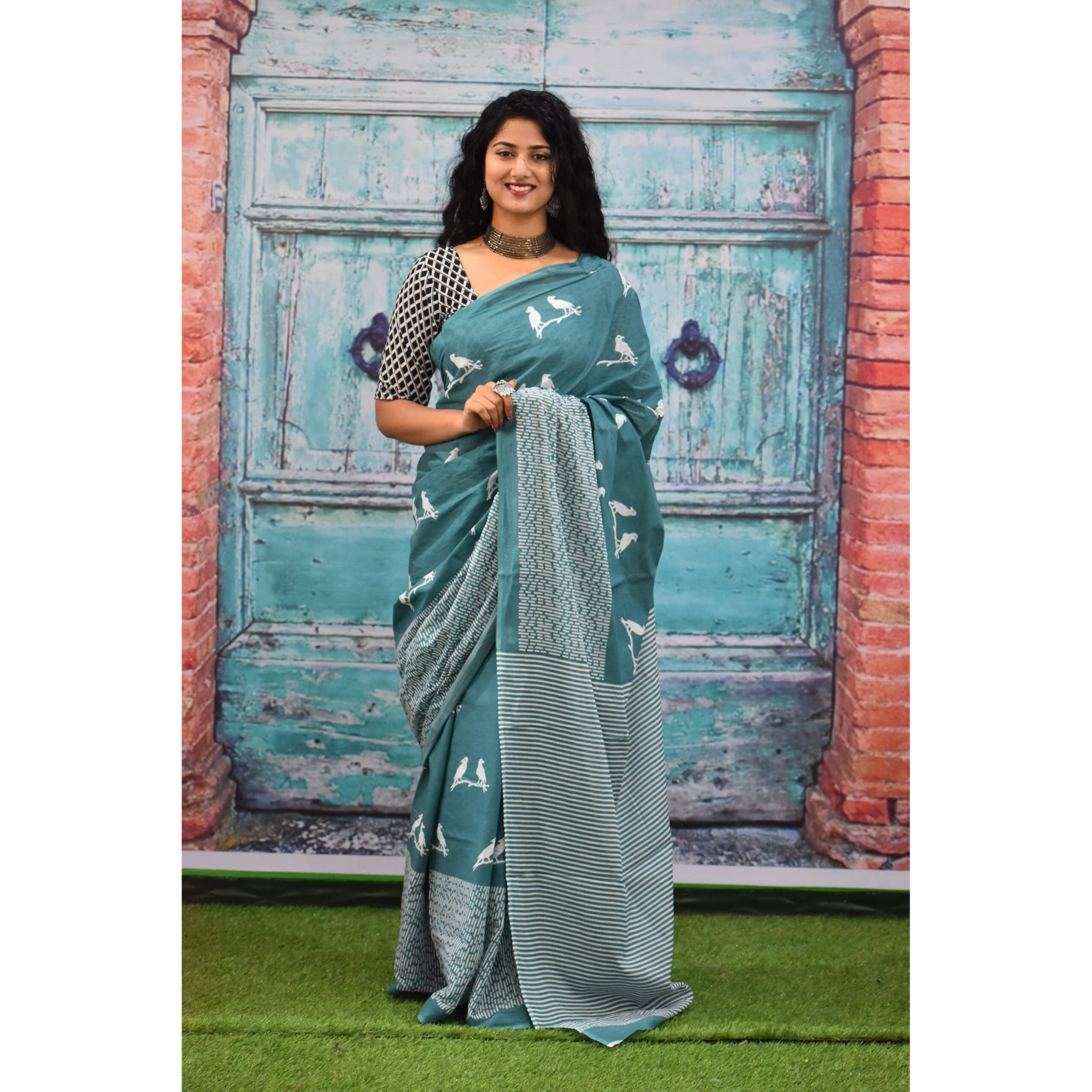 JALTHER Handicrafts Womens Ikat Hand Block Print Jaipuri Cotton Mulmul Saree with Blouse Piece - _SH_134