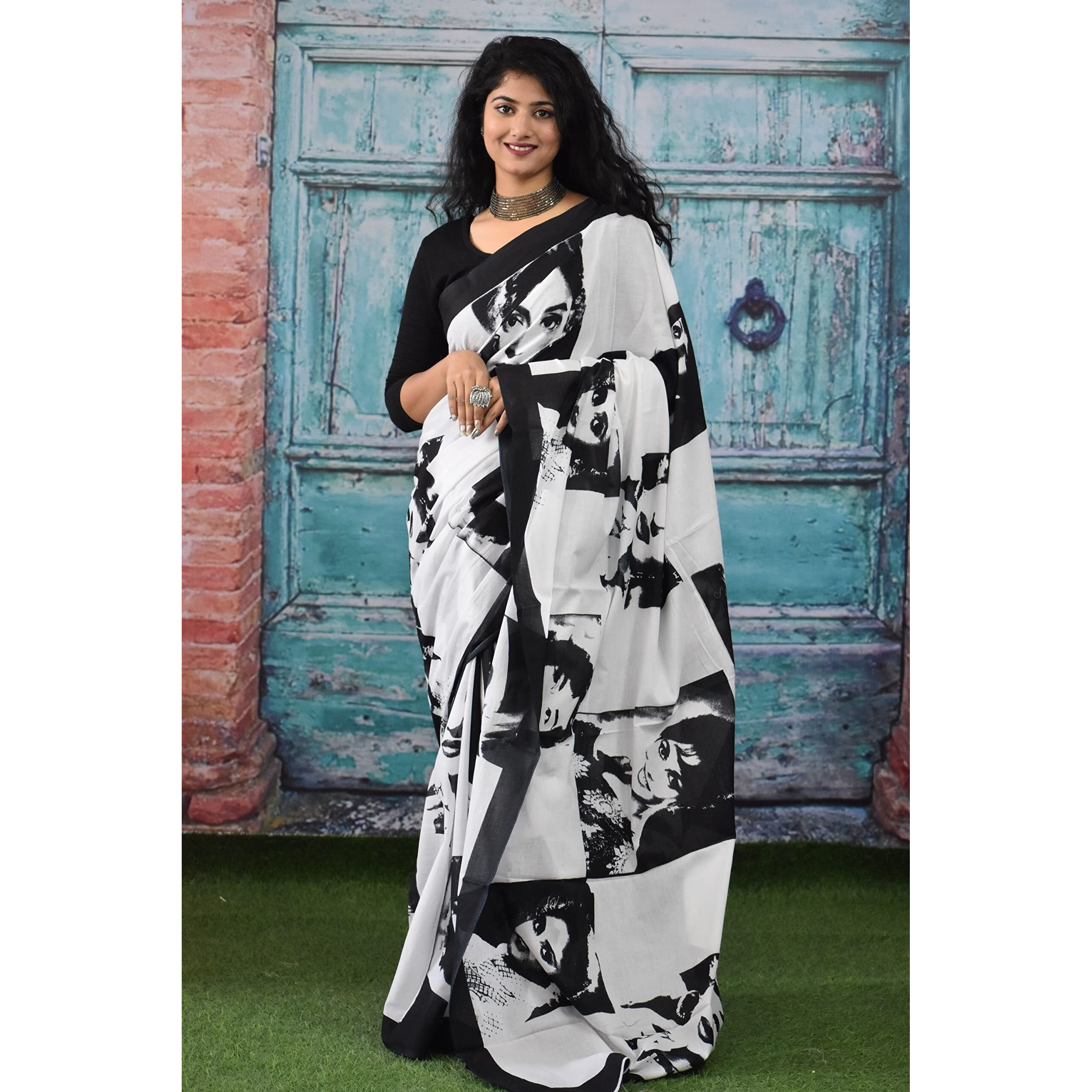 JALTHER Handicrafts Womens Ikat Hand Block Print Jaipuri Cotton Mulmul Saree with Blouse Piece - _SH_128