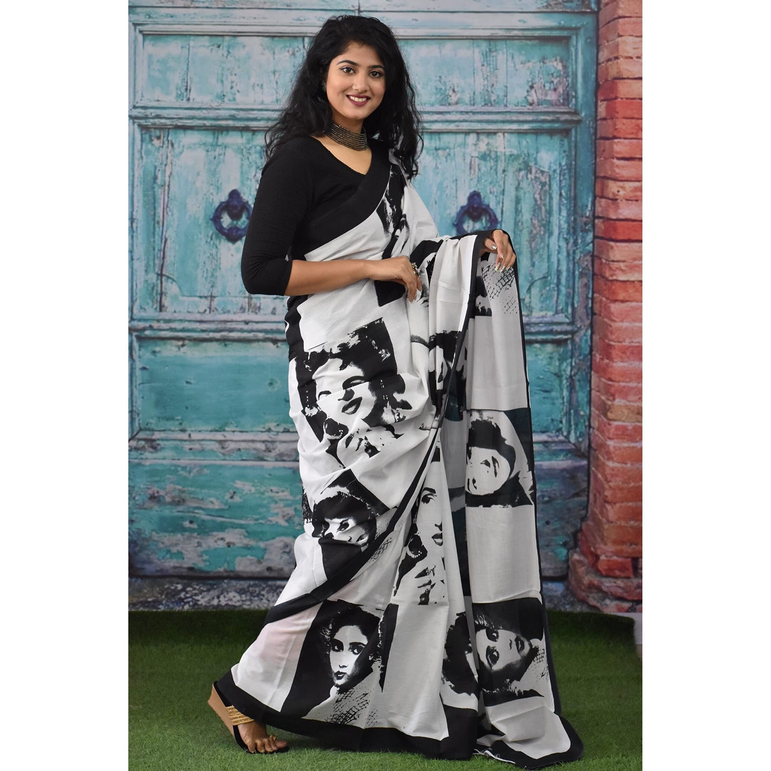 JALTHER Handicrafts Womens Ikat Hand Block Print Jaipuri Cotton Mulmul Saree with Blouse Piece - _SH_128
