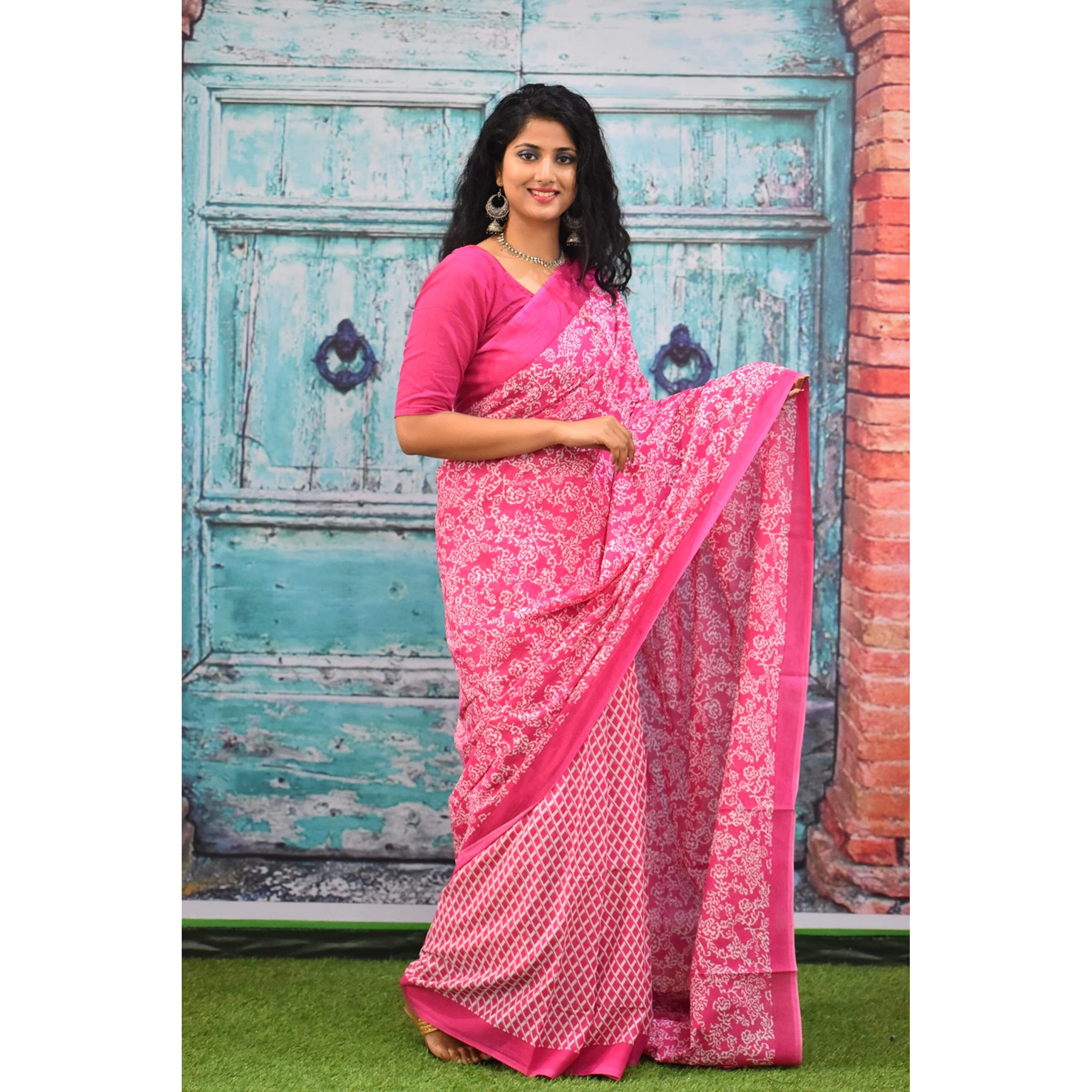 JALTHER Handicrafts Womens Ikat Hand Block Print Jaipuri Cotton Mulmul Saree with Blouse Piece - _SH_126