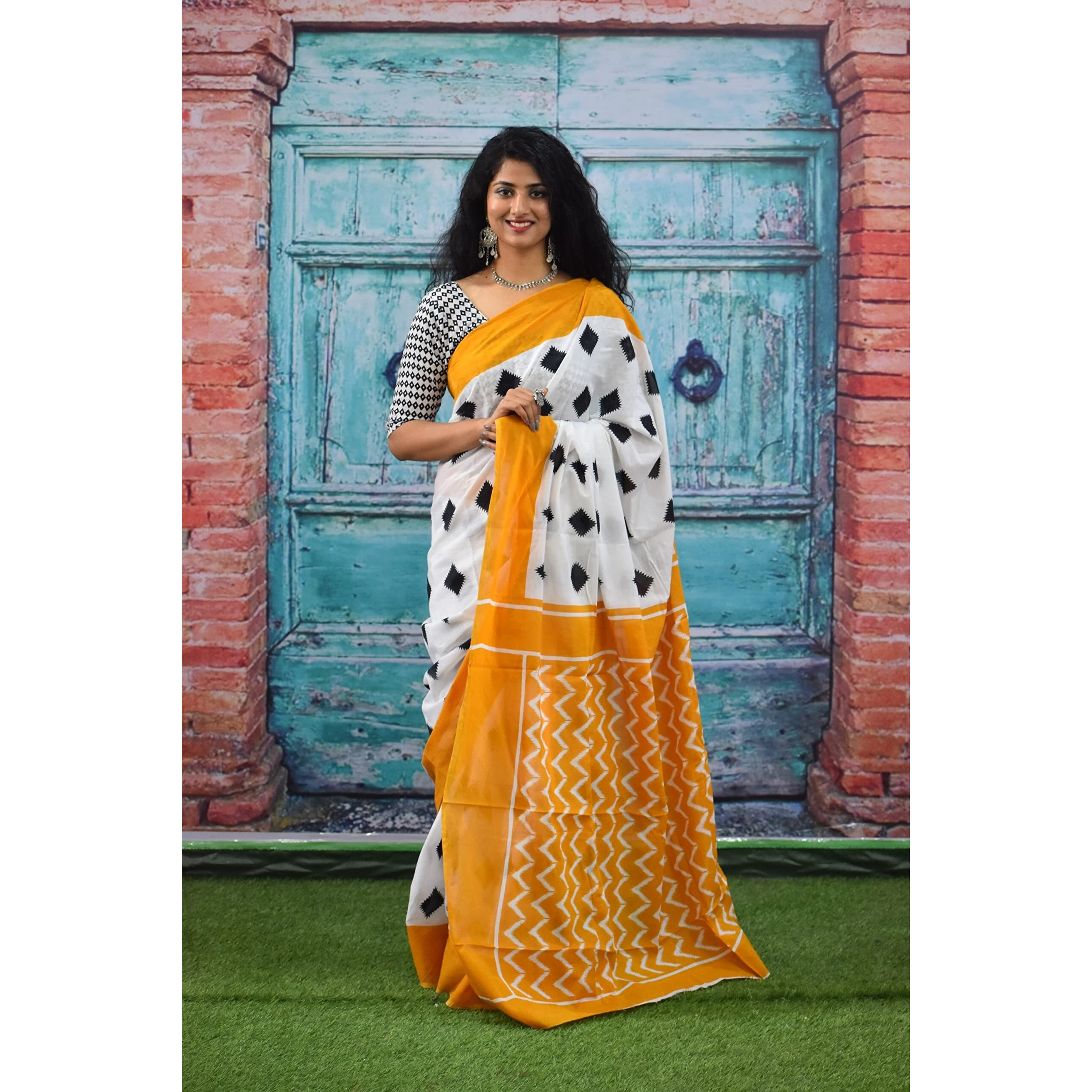 JALTHER Handicrafts Womens Ikat Hand Block Print Jaipuri Cotton Mulmul Saree With Blouse Piece - _Sh_121, White
