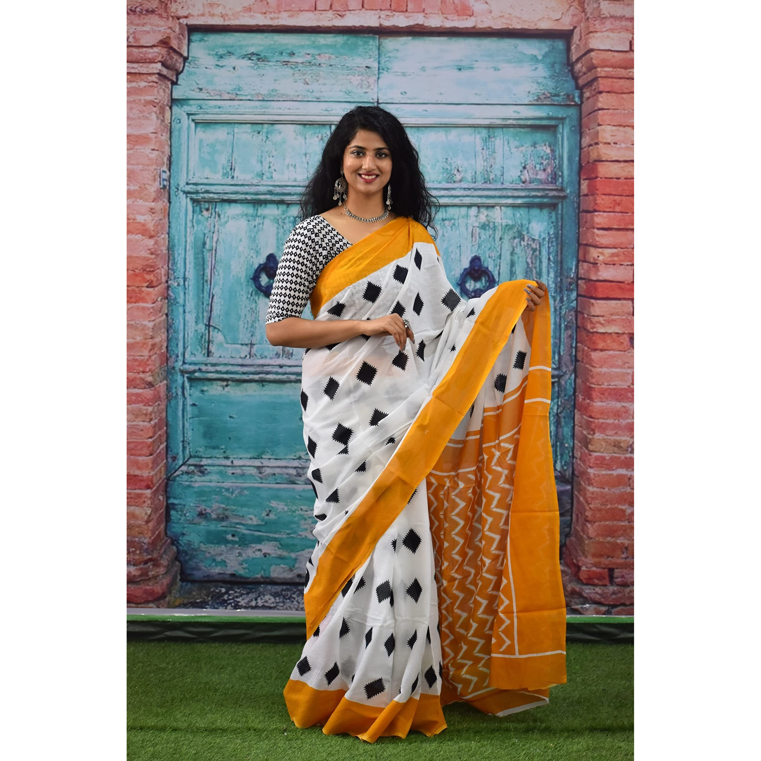 JALTHER Handicrafts Womens Ikat Hand Block Print Jaipuri Cotton Mulmul Saree With Blouse Piece - _Sh_121, White