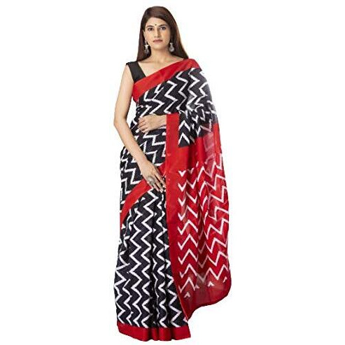JALTHER Handicrafts Womens Ikat Hand Block Print Jaipuri Cotton Mulmul Saree Zari Border with Blouse Piece Green