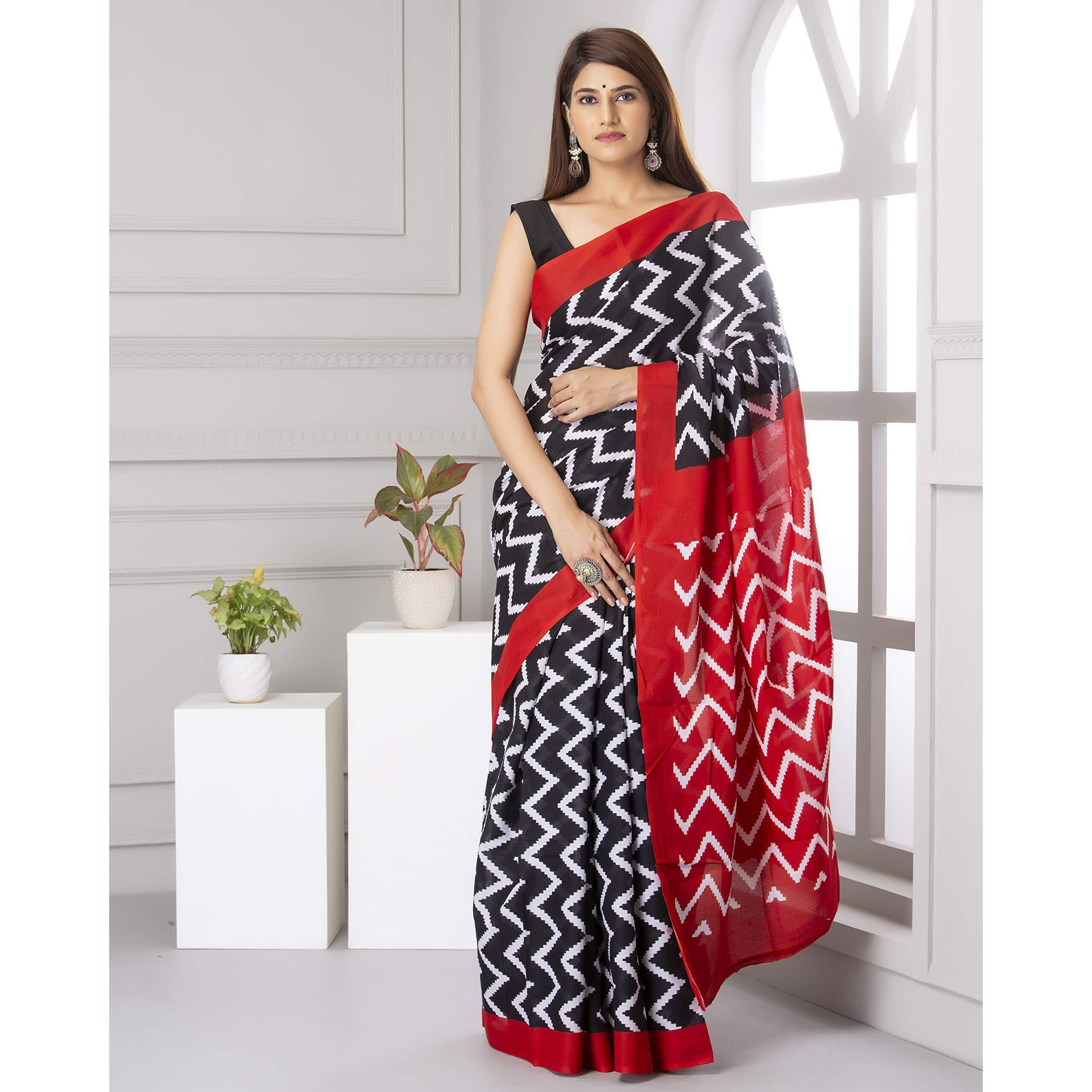 JALTHER Handicrafts Womens Ikat Hand Block Print Jaipuri Cotton Mulmul Saree Zari Border with Blouse Piece Green